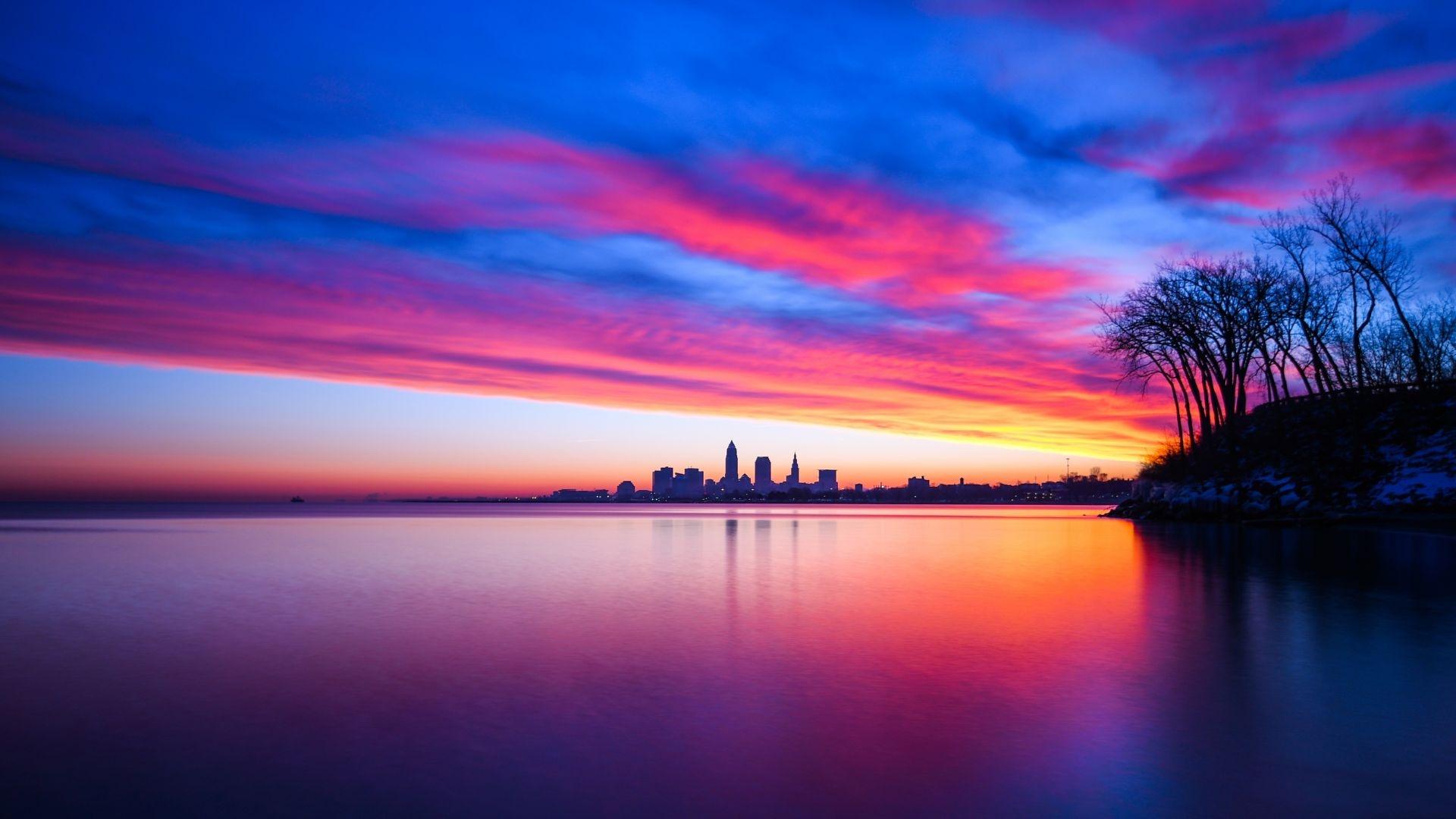 Cleveland, Colorful sunset, Sky reflections, Serene landscape, 1920x1080 Full HD Desktop