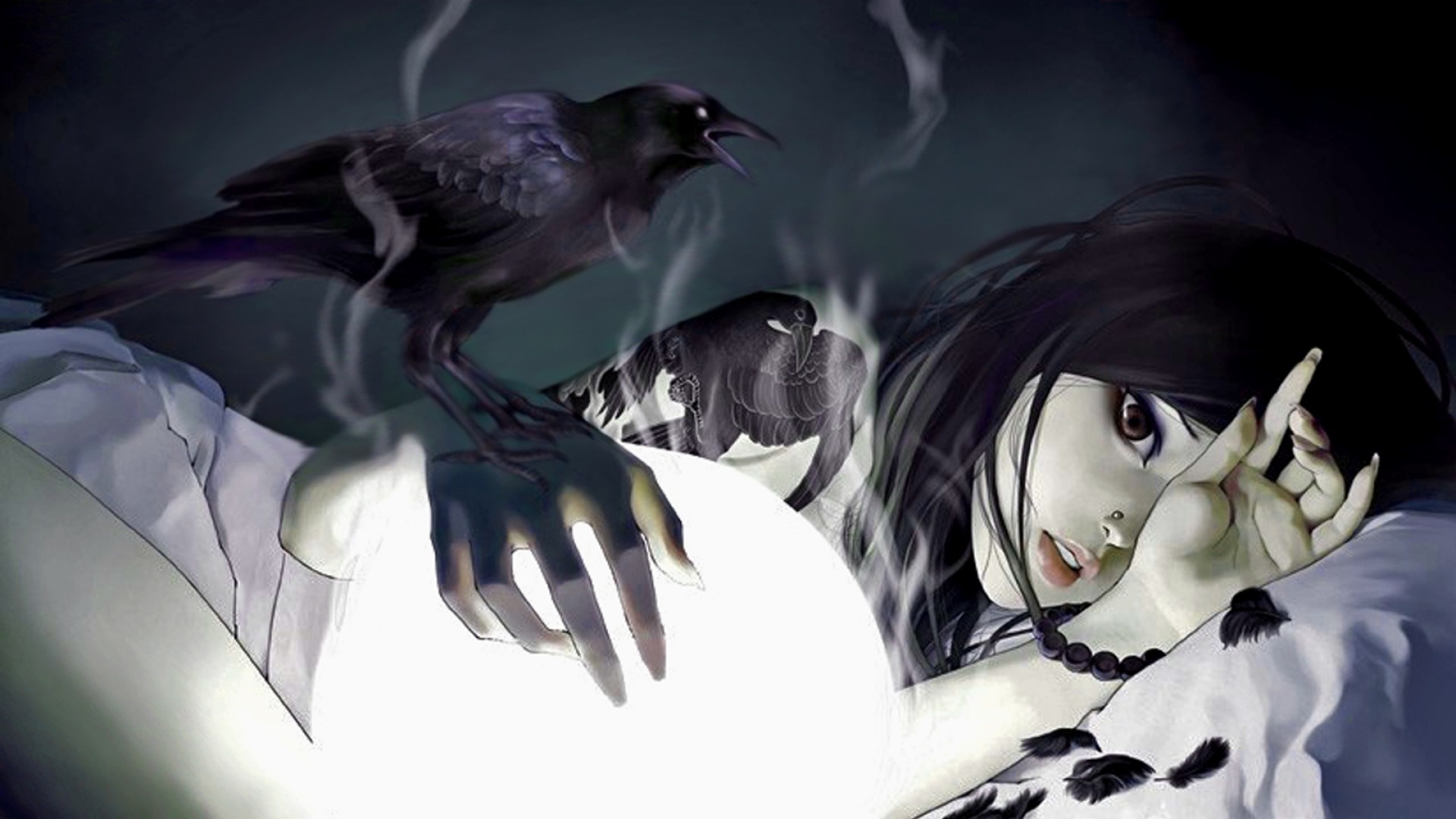 Gothic Anime: Goth girl with a raven tattoo, Mystical phenomenon, Ominous atmosphere. 1920x1080 Full HD Background.