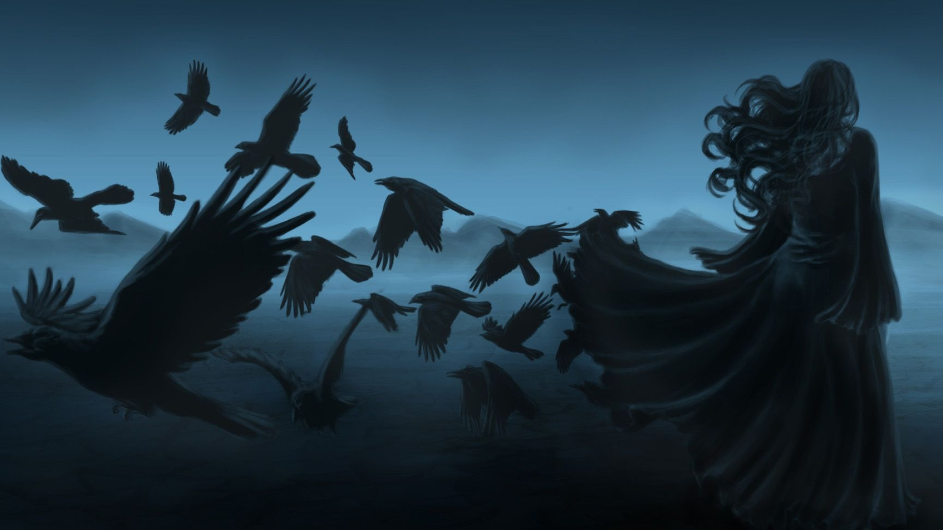 Gothic Art: Dark horror, Dark fantasy, Flock of ravens, Edgar Allan Poe. 1920x1080 Full HD Wallpaper.