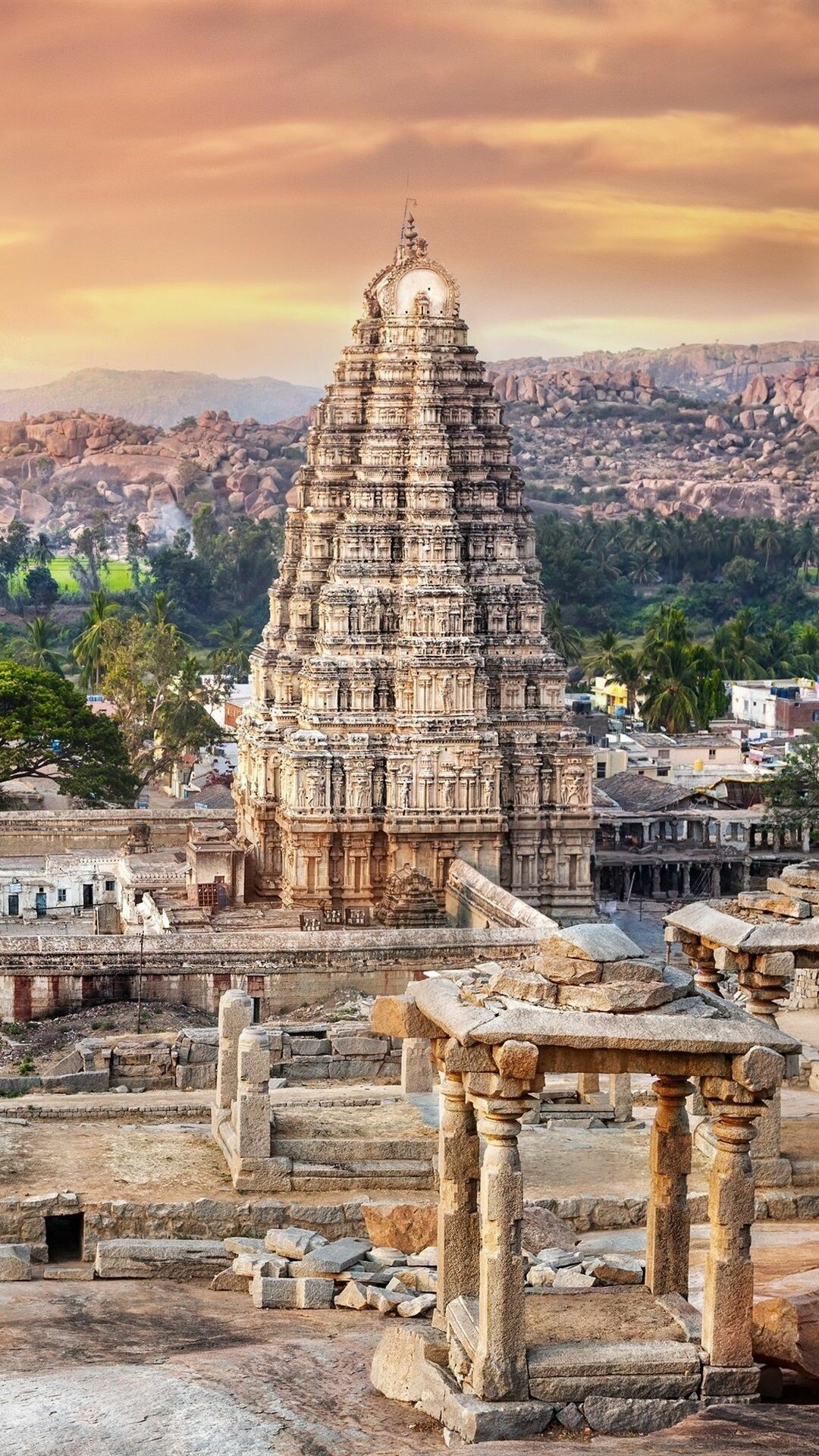 India: Indian temple, Virupaksha, Hampi, Vijayanagara district of Karnataka. 1080x1920 Full HD Background.