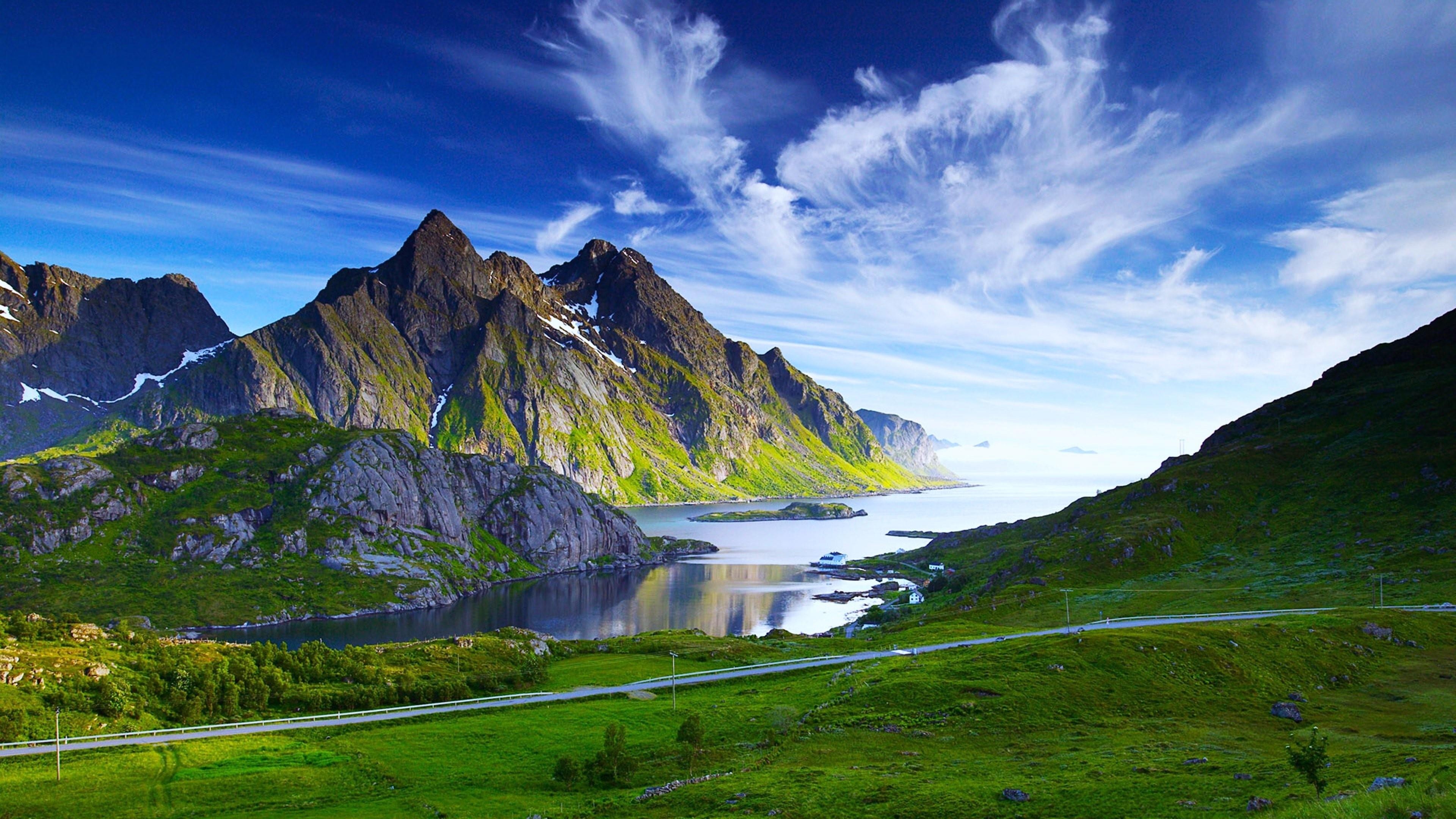 Landscape: Nordic mountains and valley, A river flows into the sea, Northern latitudes nature. 3840x2160 4K Wallpaper.