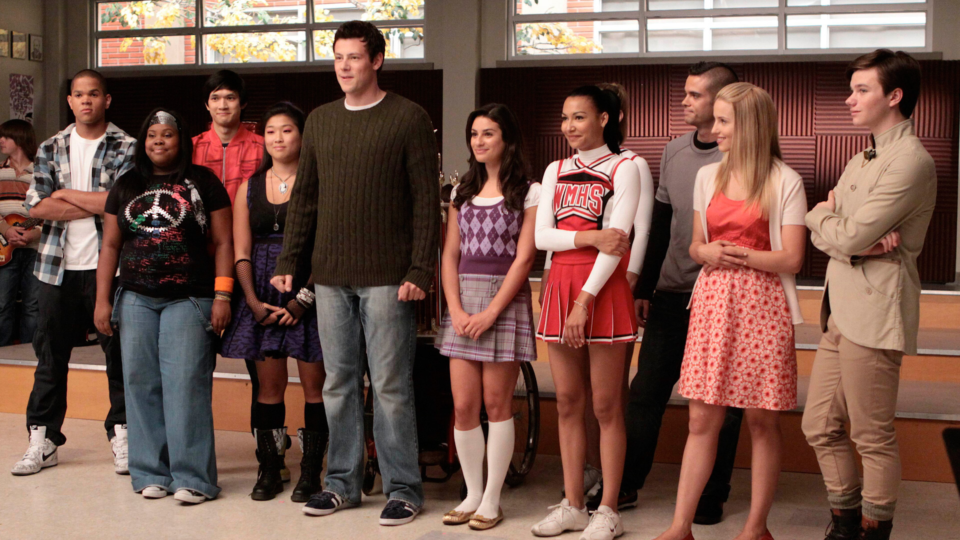Glee (TV series): Season 6 Cast: Lea Michele, Naya Rivera, Cory Monteith, Dianna Agron, Jacob Artist. 1920x1080 Full HD Wallpaper.