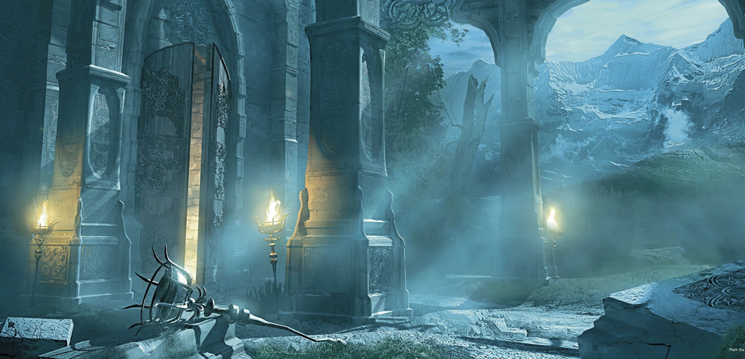 Gothic Art: Gothic atmosphere, Mist, Illustration, Temple, Ruins, Goths. 2560x1240 Dual Screen Wallpaper.