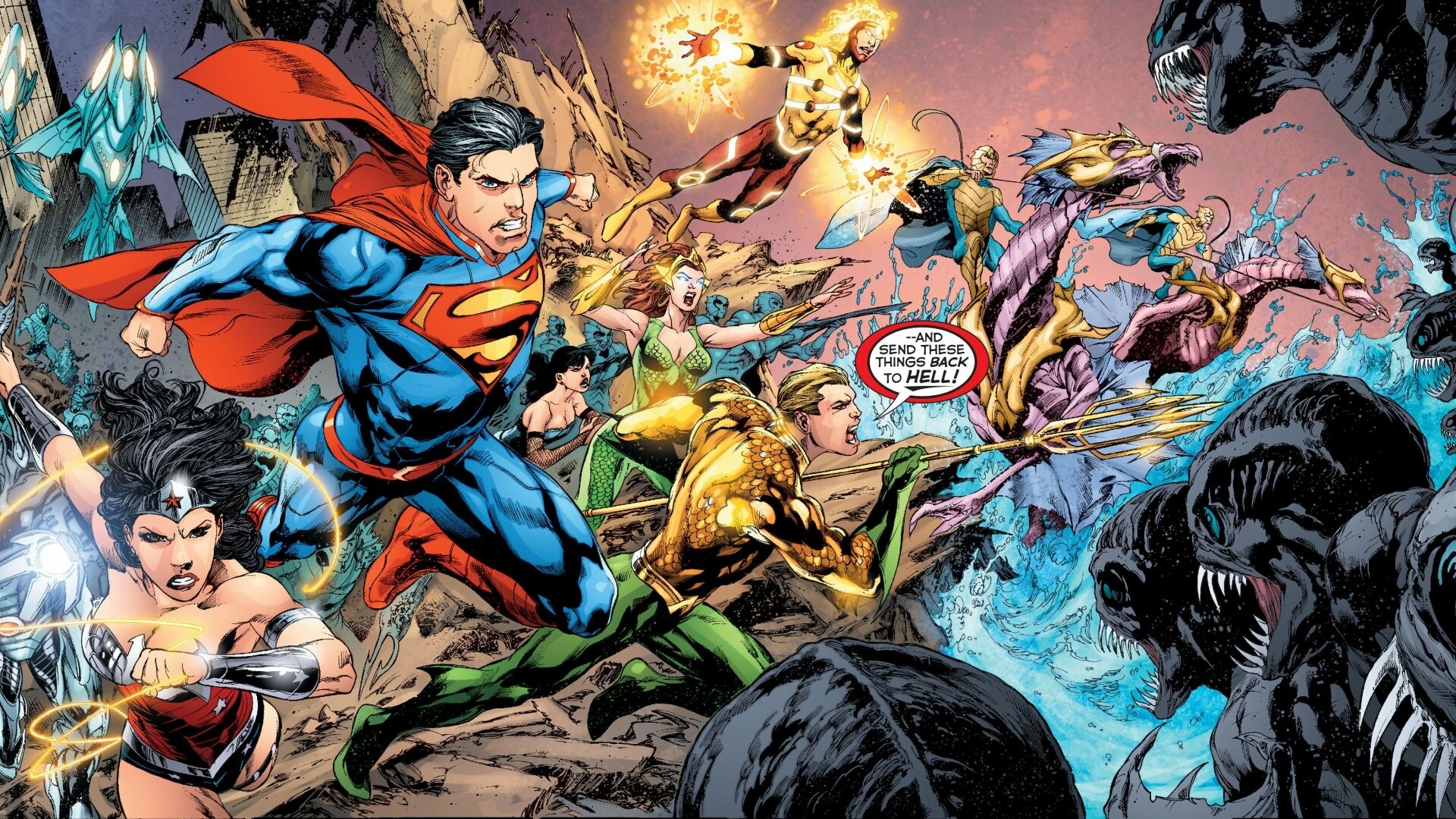 DC Heroes: Justice League, Action, Fighting, Adventure, Superheroes, Superman, Wonder Woman, Aquaman. 1920x1080 Full HD Wallpaper.