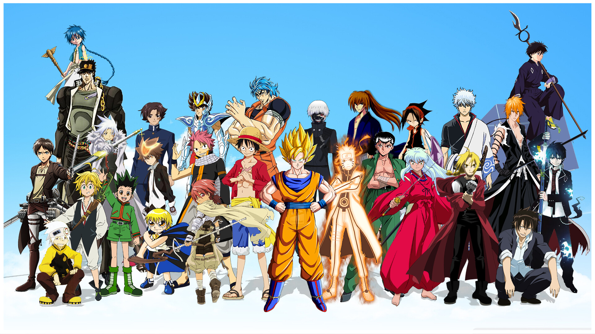 Goku and Naruto: Ken Kaneki, Ichigo Kurosaki, Shingeki No Kyojin, Gon Freecss, Hunter x Hunter, Manga. 1920x1080 Full HD Wallpaper.