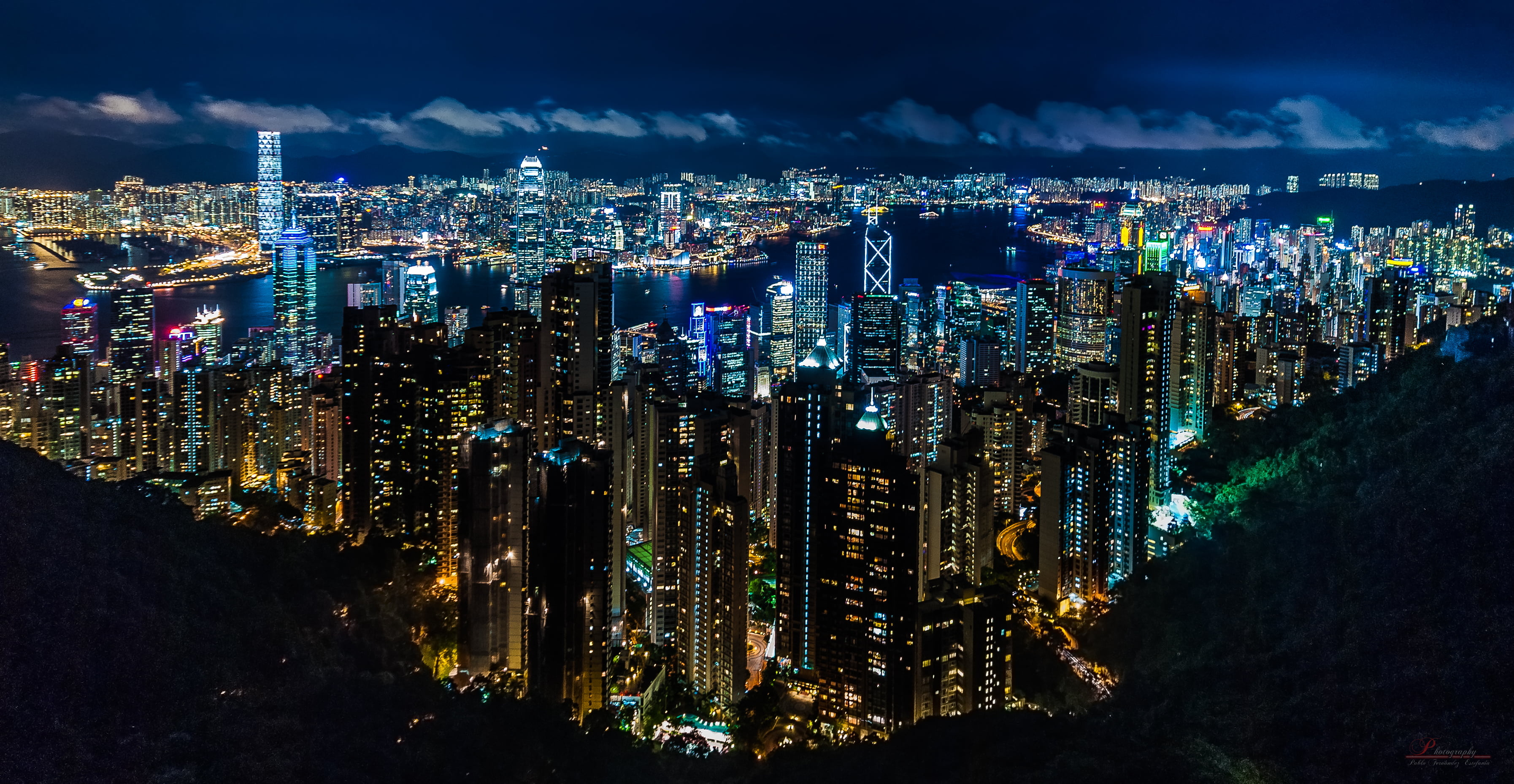 Hong Kong Skyline, Victoria Harbour serenity, Mountain backdrop, Urban splendor, 3590x1860 HD Desktop