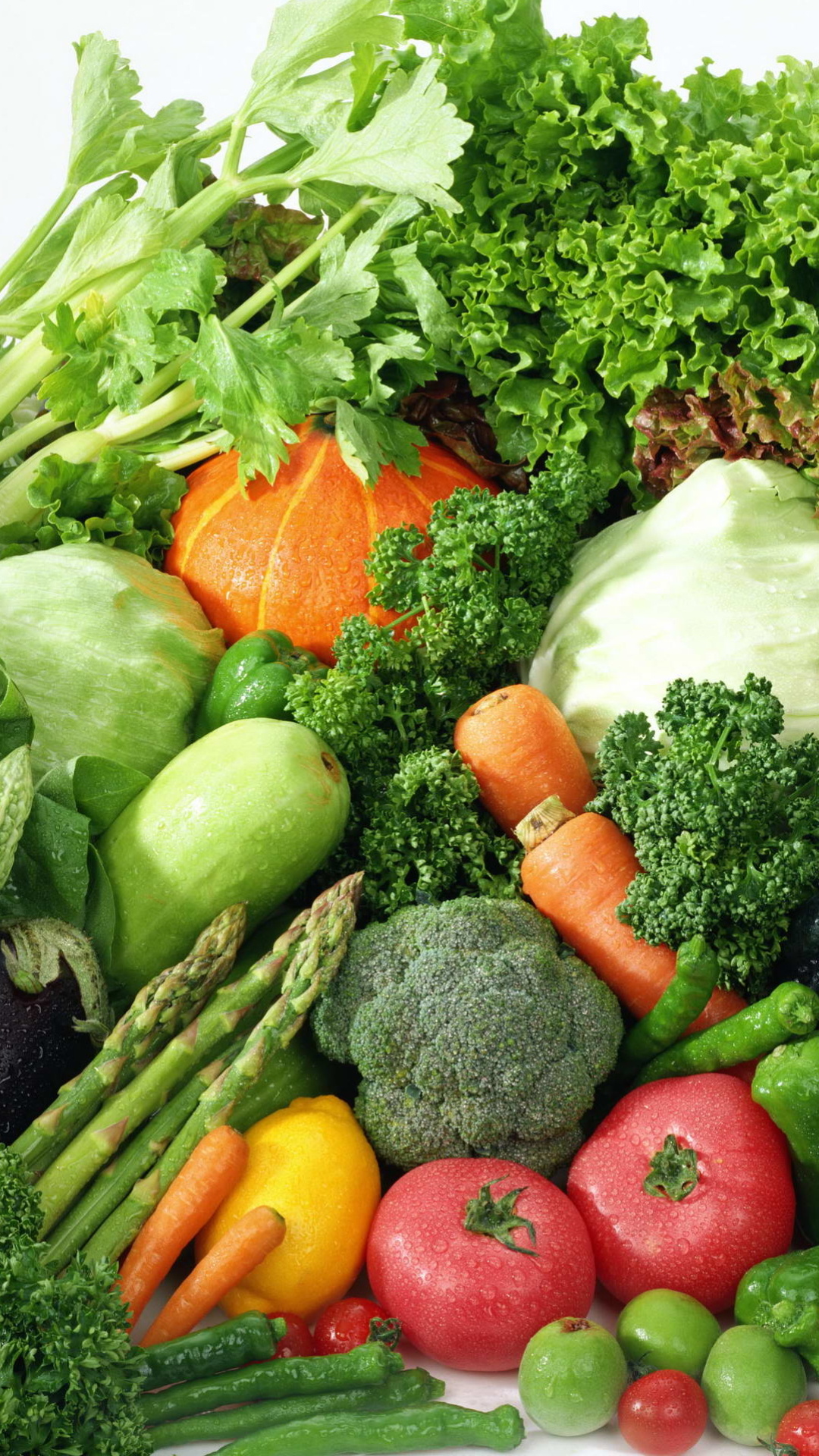 Vegetables: Culinary herbs, Asparagus, Carrots, Broccoli. 1080x1920 Full HD Background.
