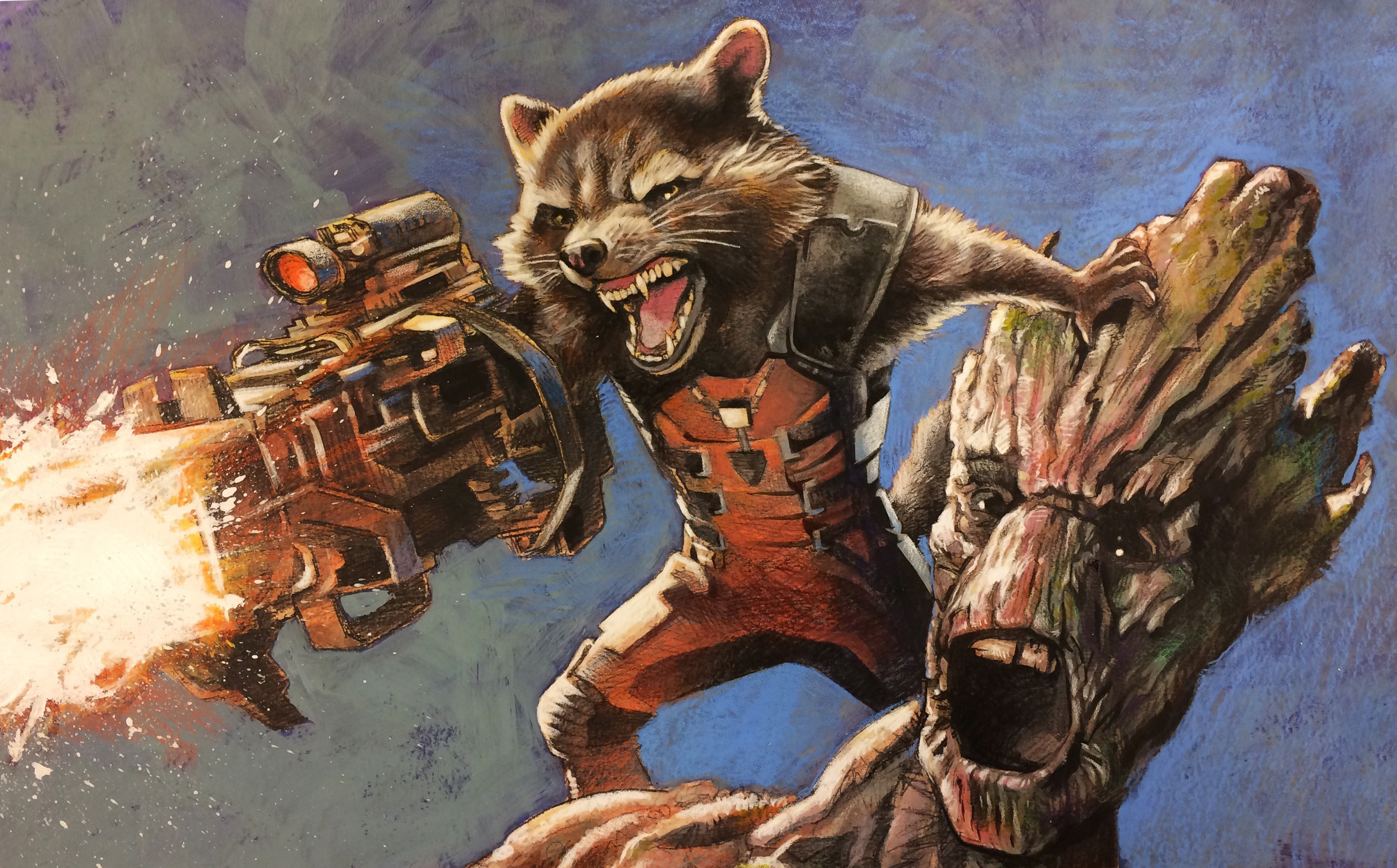 Groot and Rocket, Artstation artwork, Rocket raccoon and Groot, Beautiful painting, 3100x1930 HD Desktop