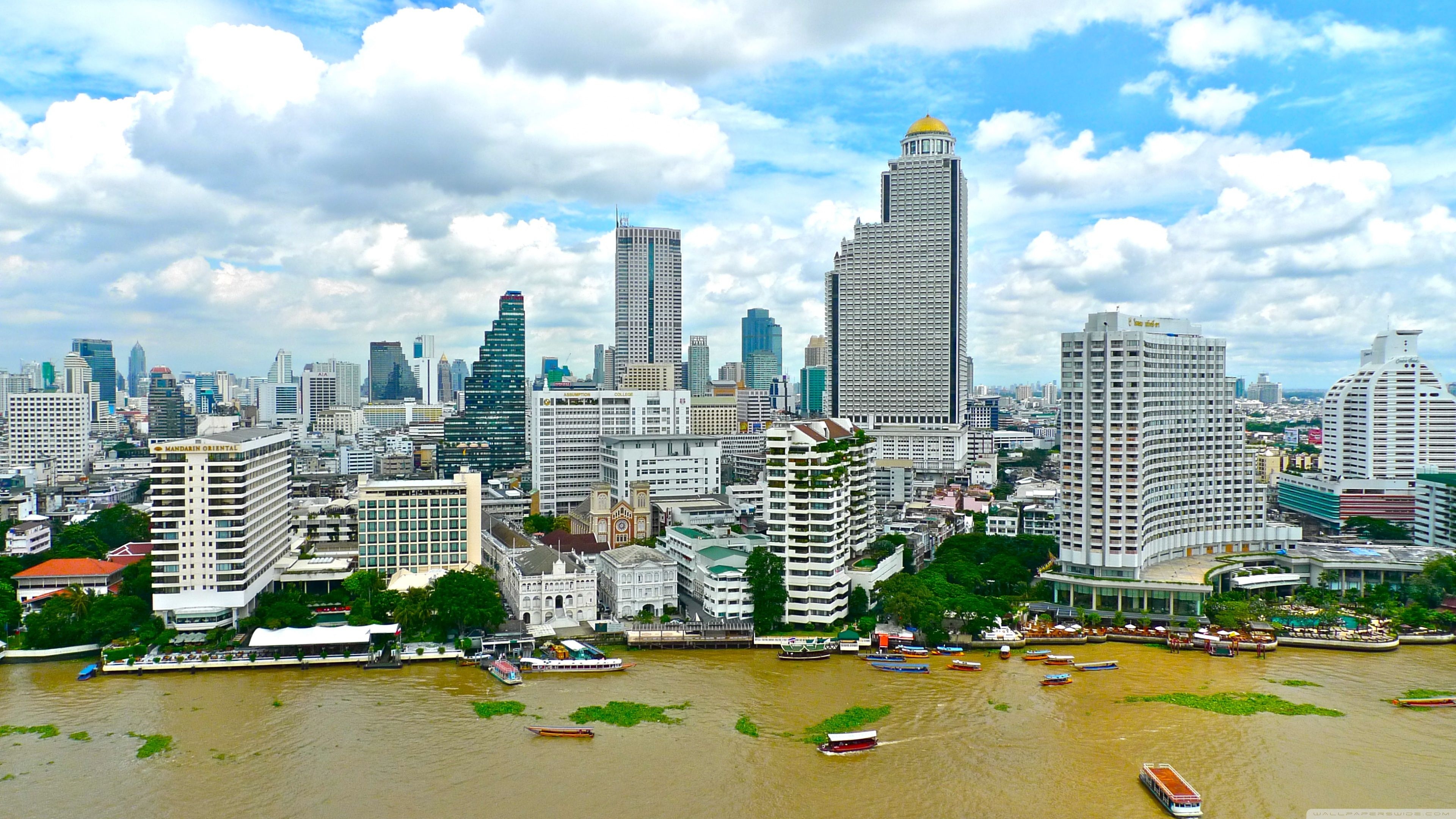 Bangkok: Chao Phraya River, Tower block, Urban design. 3840x2160 4K Wallpaper.