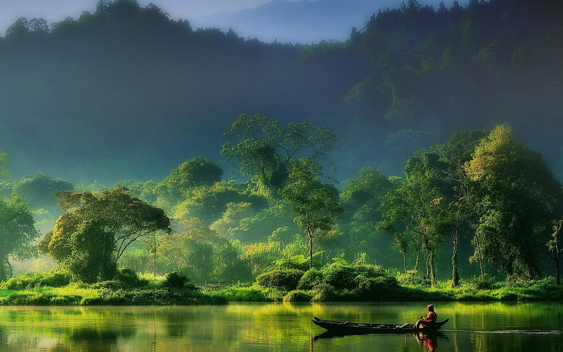 Misty forest mornings, Serene rivers, Mountain landscapes, Fishing boat reflections, 1920x1200 HD Desktop