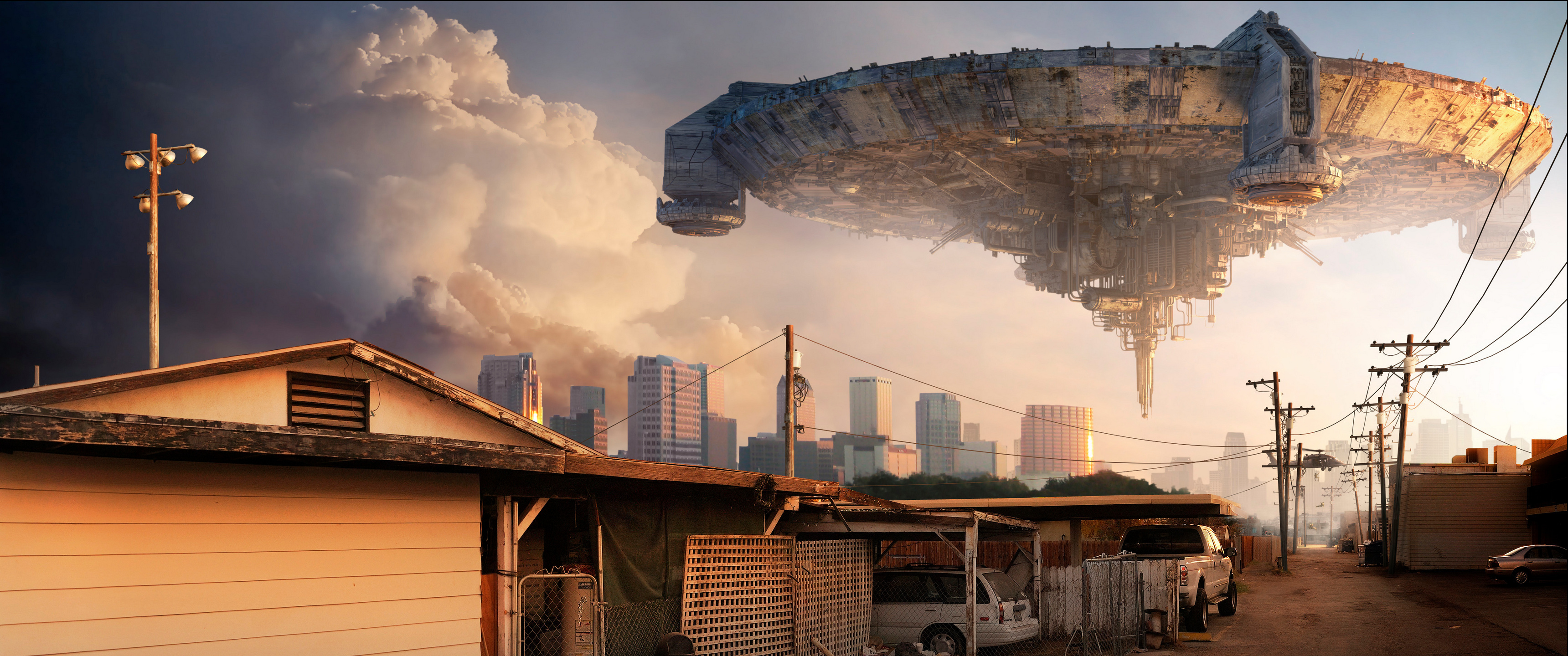 District 9: A co-production of New Zealand, the United States, and South Africa. 3440x1440 Dual Screen Background.