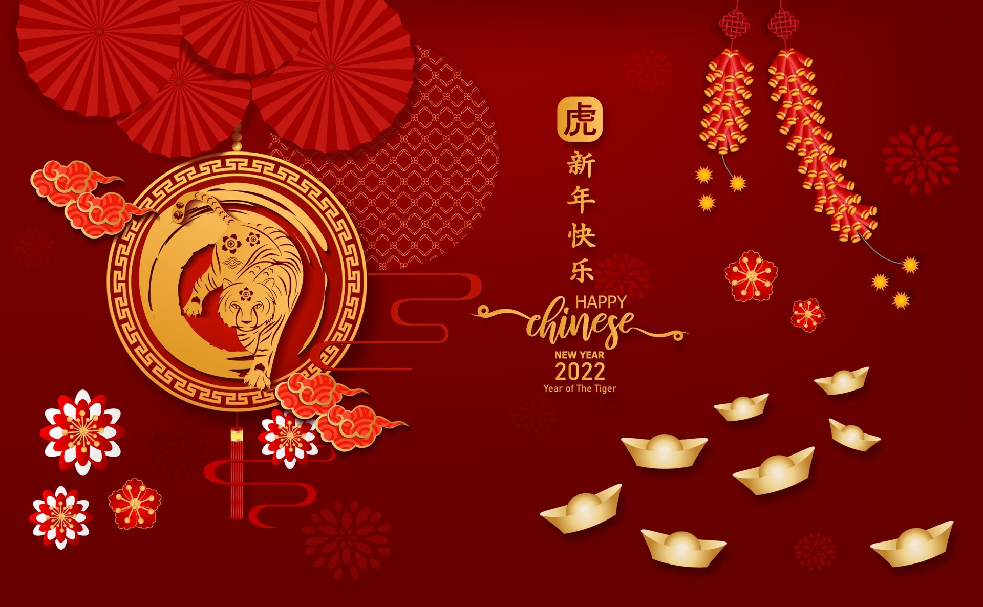 Happy Chinese new year 2022, Year of the Tiger, Vector art, 1920x1190 HD Desktop