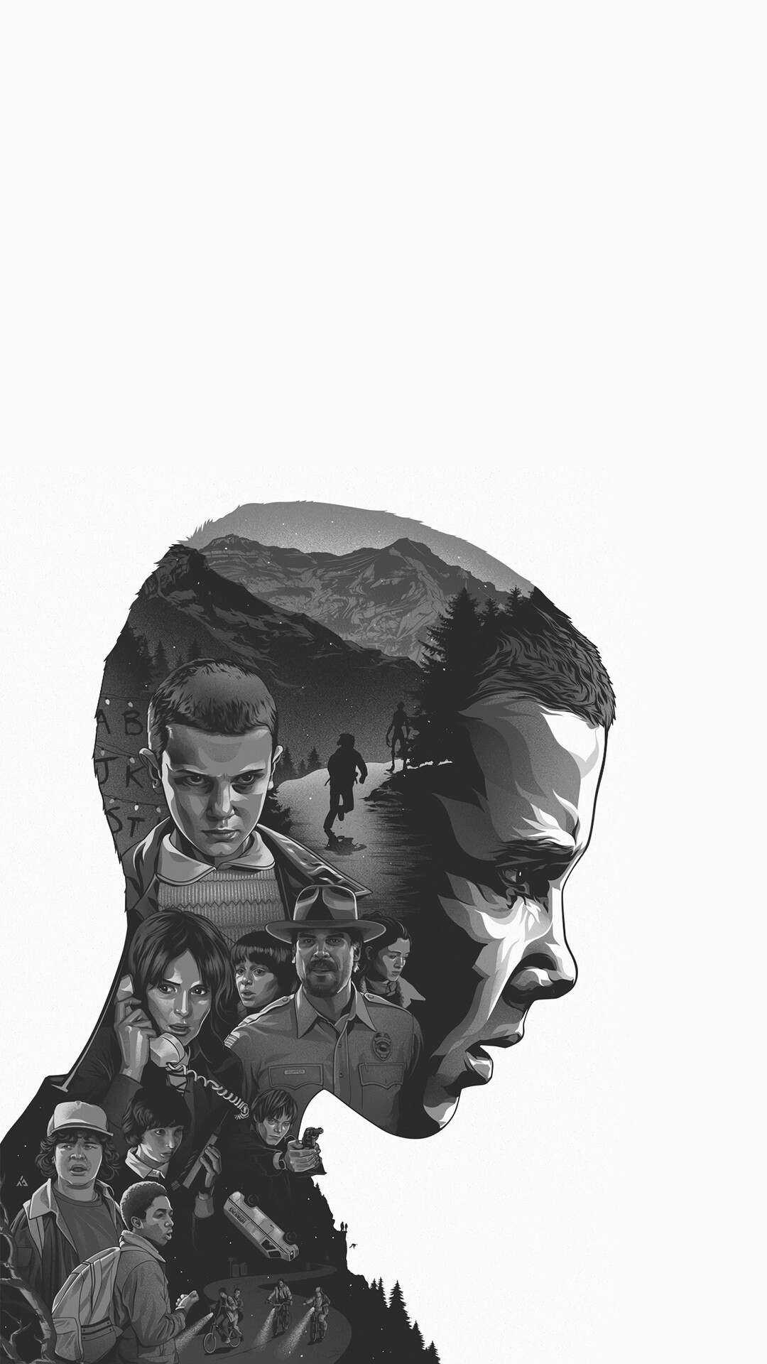 Stranger Things: Black and white, A Netflix original series created by the Duffer Brothers. 1080x1920 Full HD Background.