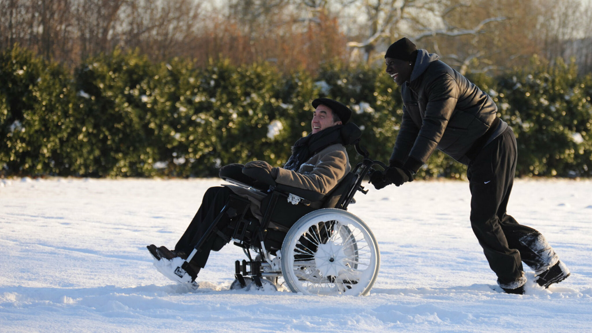 Intouchables: The film stars Francois Cluzet and Omar Sy, 2011 movie. 2050x1160 HD Wallpaper.