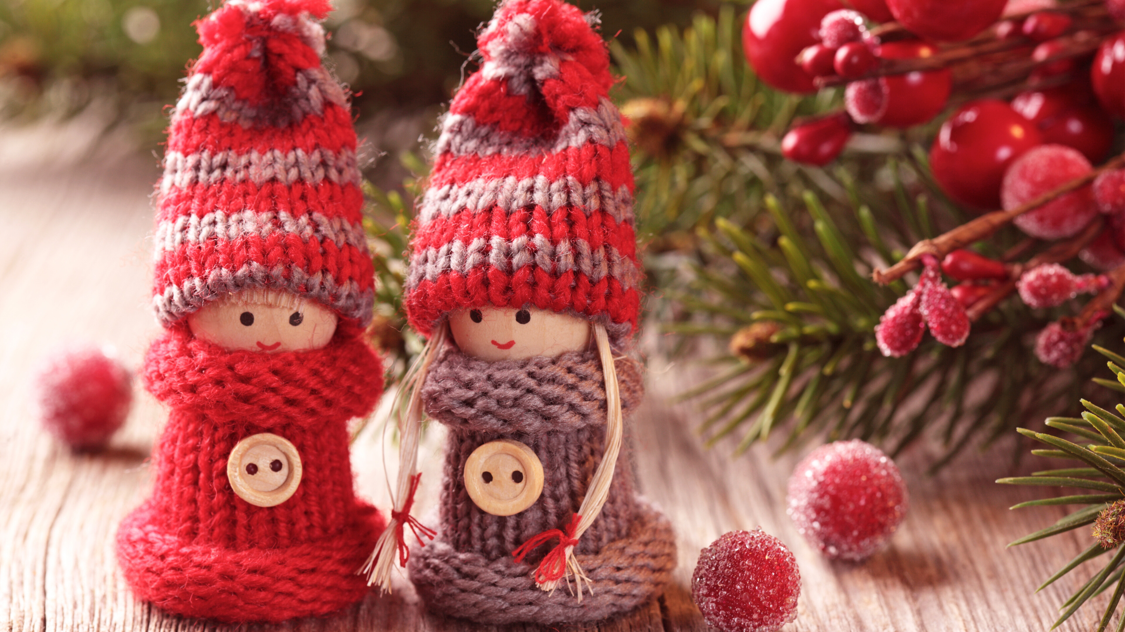 Decorations: Christmas ornament, Toys, Knitted Toys, Dolls, Celebrations. 3840x2160 4K Background.