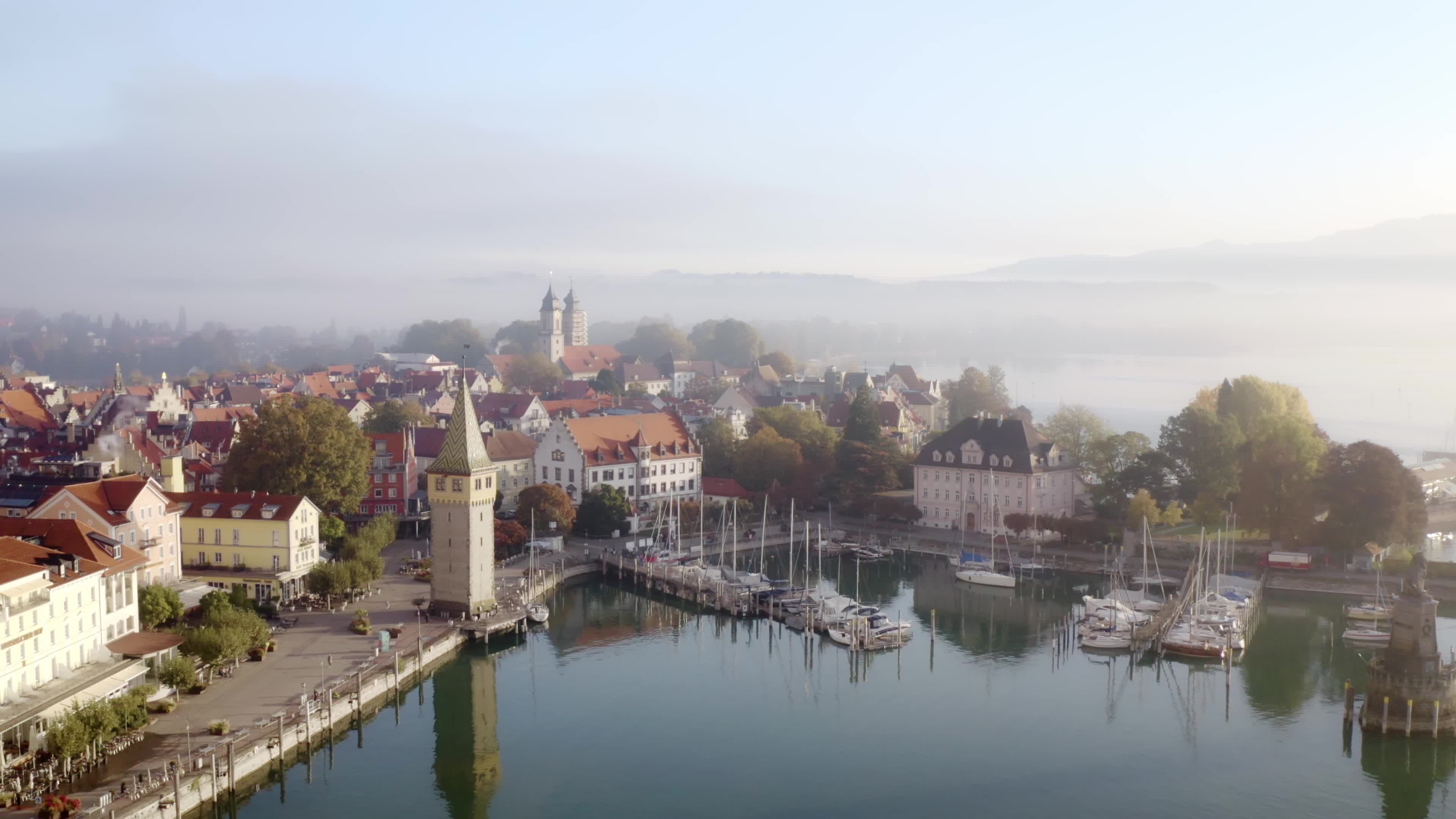 Town: Lindau, A major settlement and island on the eastern side of Lake Constance, Bavaria. 3840x2160 4K Background.