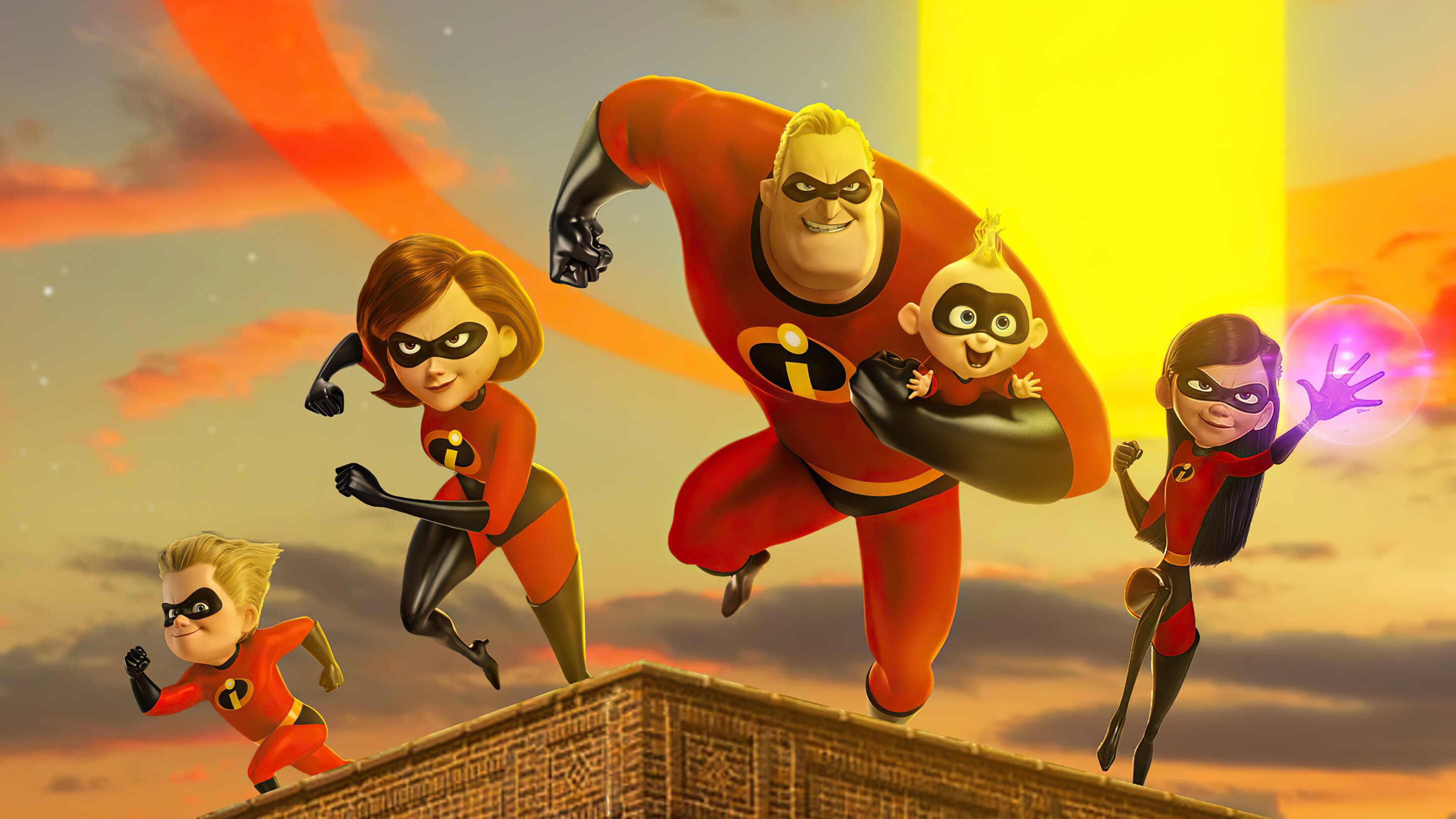 The Incredibles: The voices of Craig T. Nelson, Holly Hunter, Sarah Vowell, Spencer Fox, Jason Lee, Samuel L. Jackson, and Elizabeth Pena. 2910x1640 HD Background.