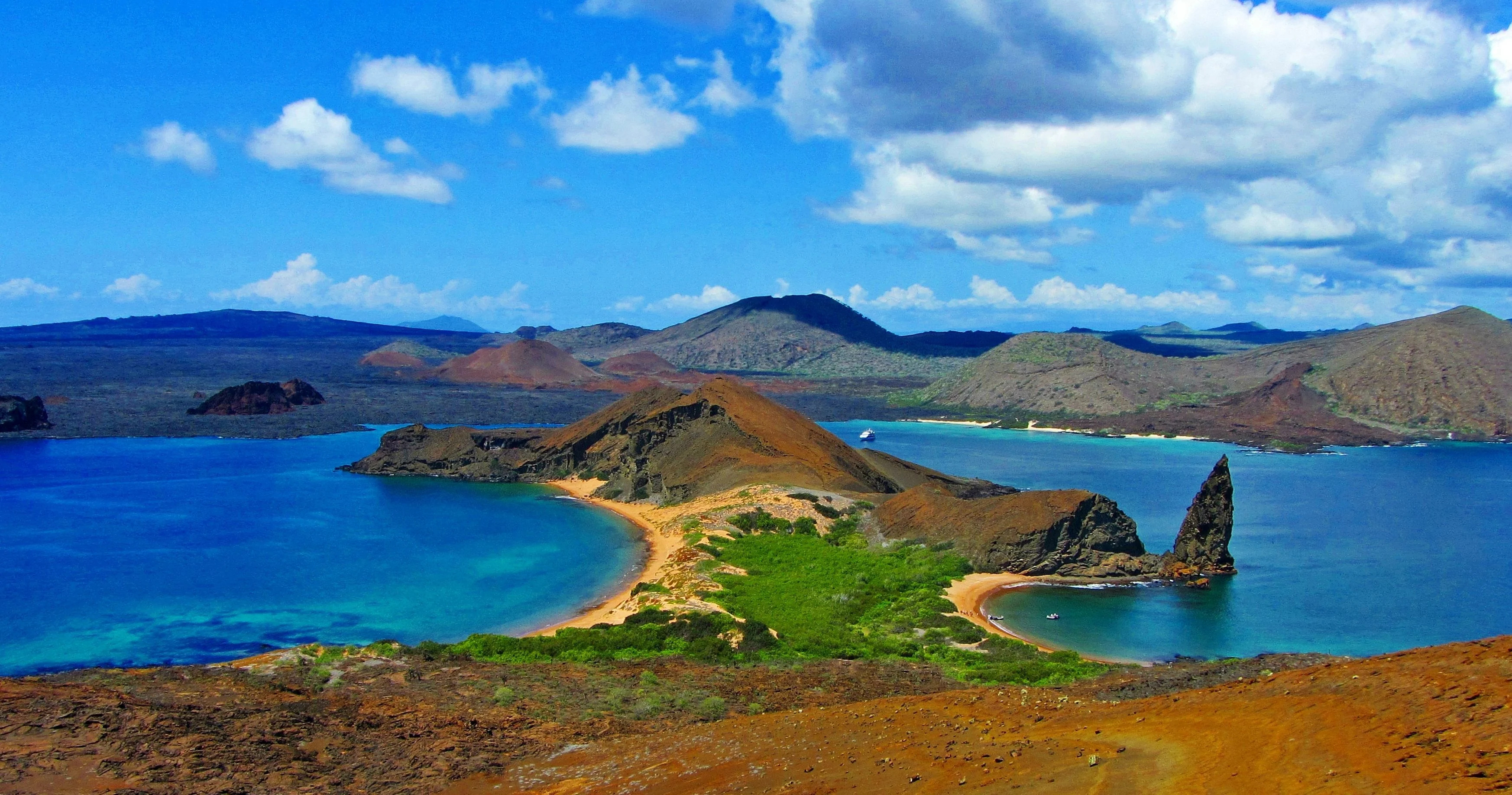 Ecuador: View from Bartolome Island, a volcanic islet in the Galapagos Islands group. 3500x1840 HD Wallpaper.