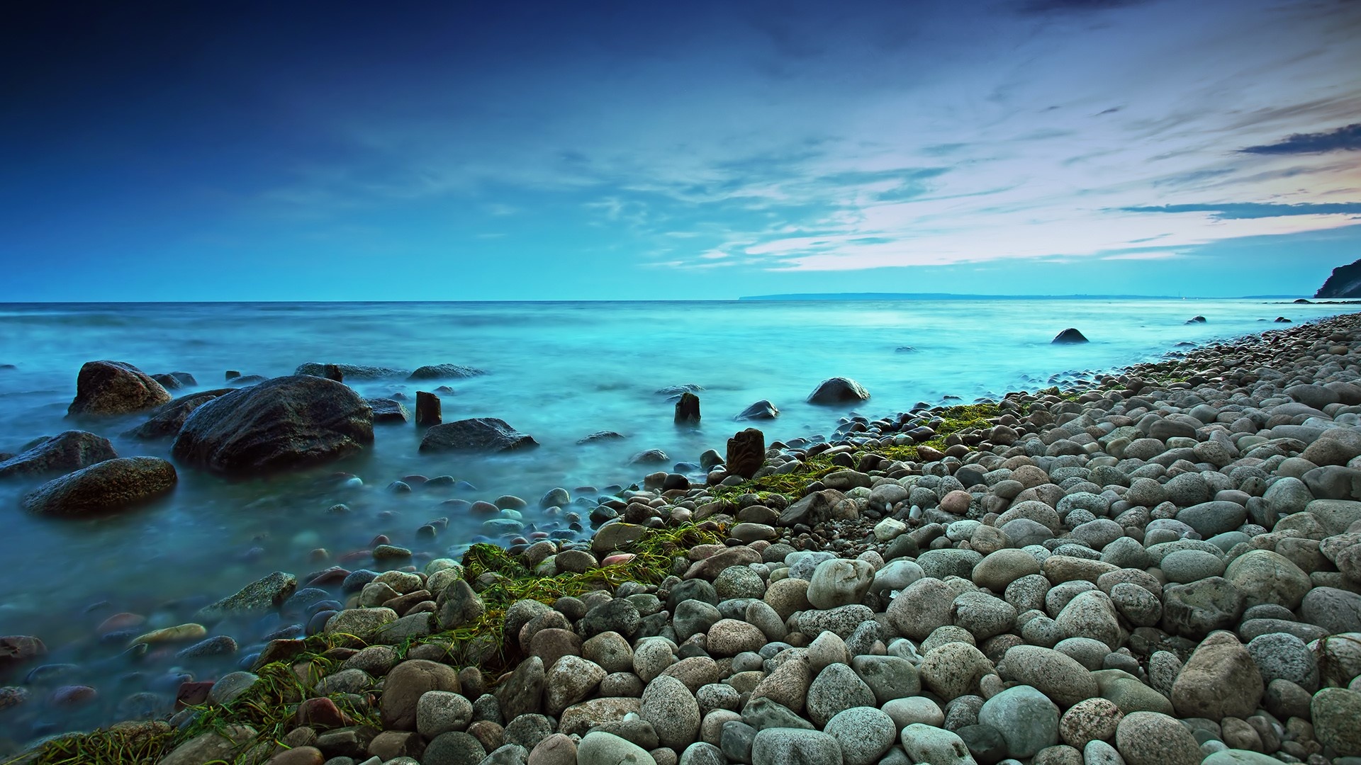 German Baltic Sea beauty, Clouds and clear sky, Long exposure rocks, Beach horizon, 1920x1080 Full HD Desktop