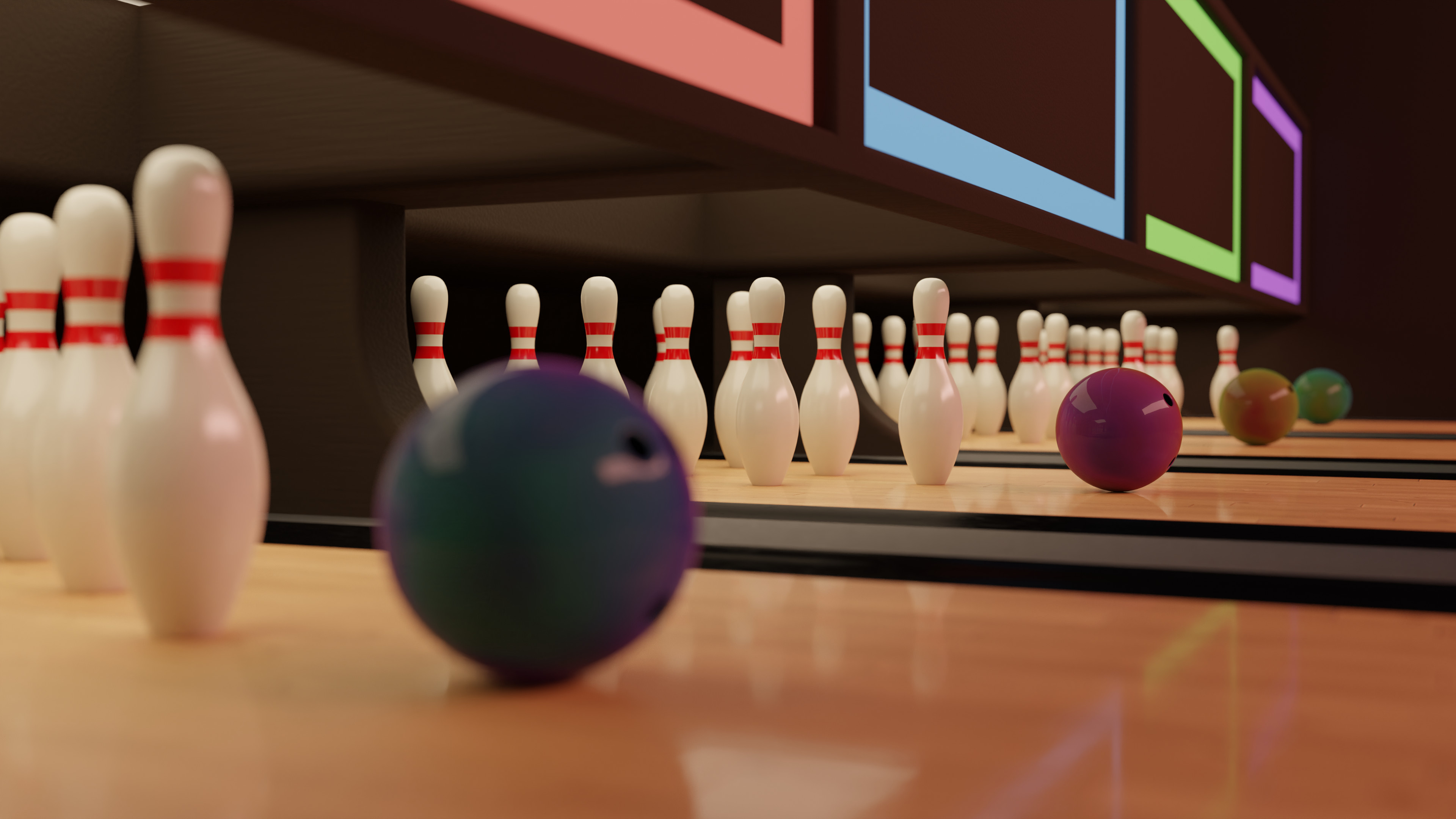 Bowling: A game in which a heavy ball is rolling down a narrow track towards pins set. 3840x2160 4K Wallpaper.