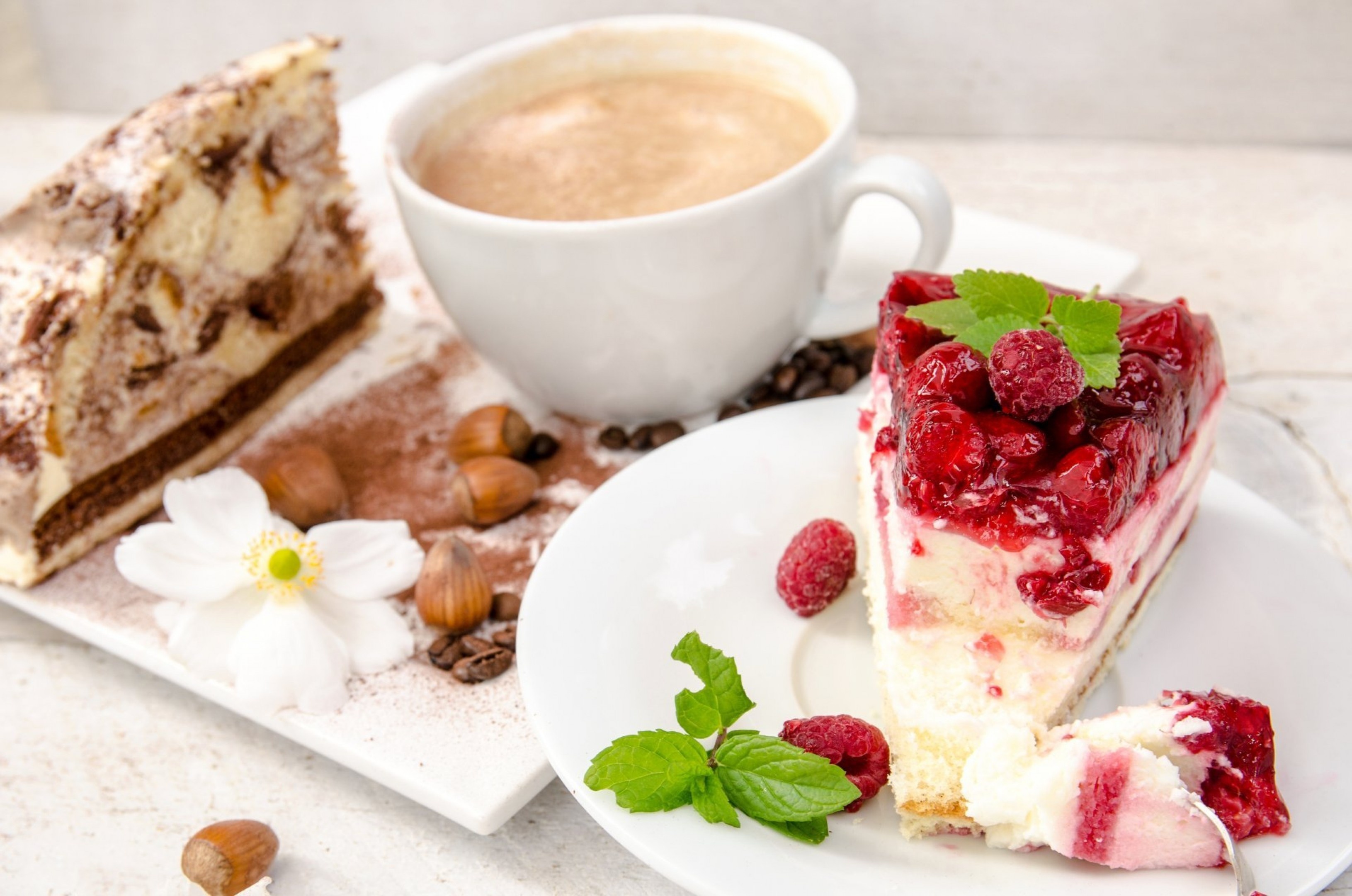 Cheesecake: Cake pieces, Dessert, Berries, Raspberry, Nuts, Coffee. 3270x2160 HD Wallpaper.