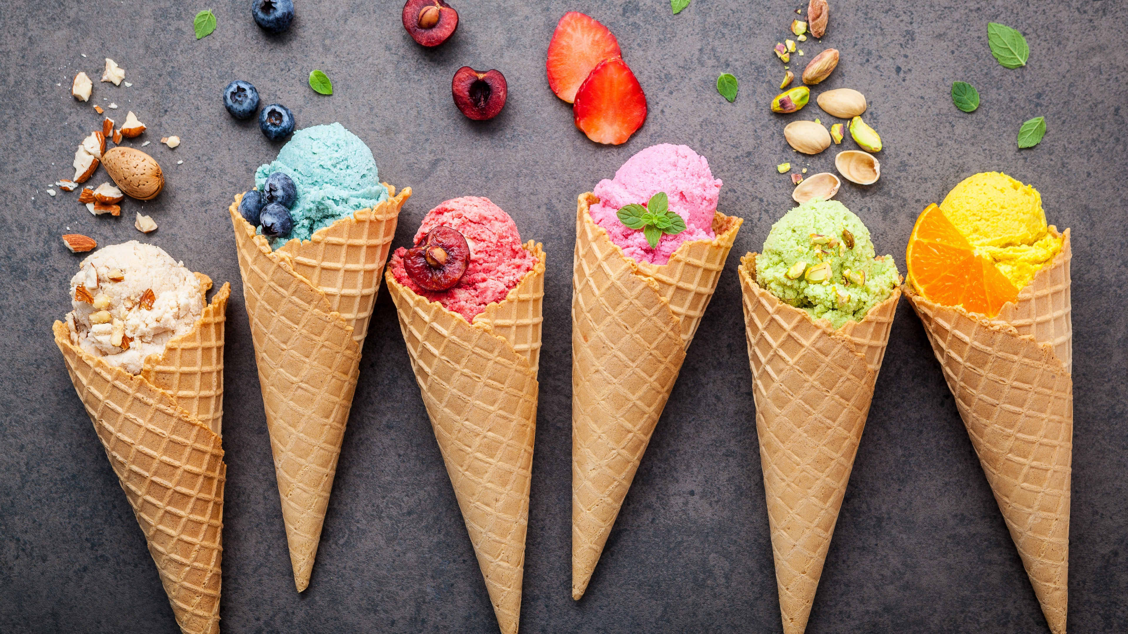 Waffle: Ice-cream cones, Popular snack, Fruit. 3840x2160 4K Background.