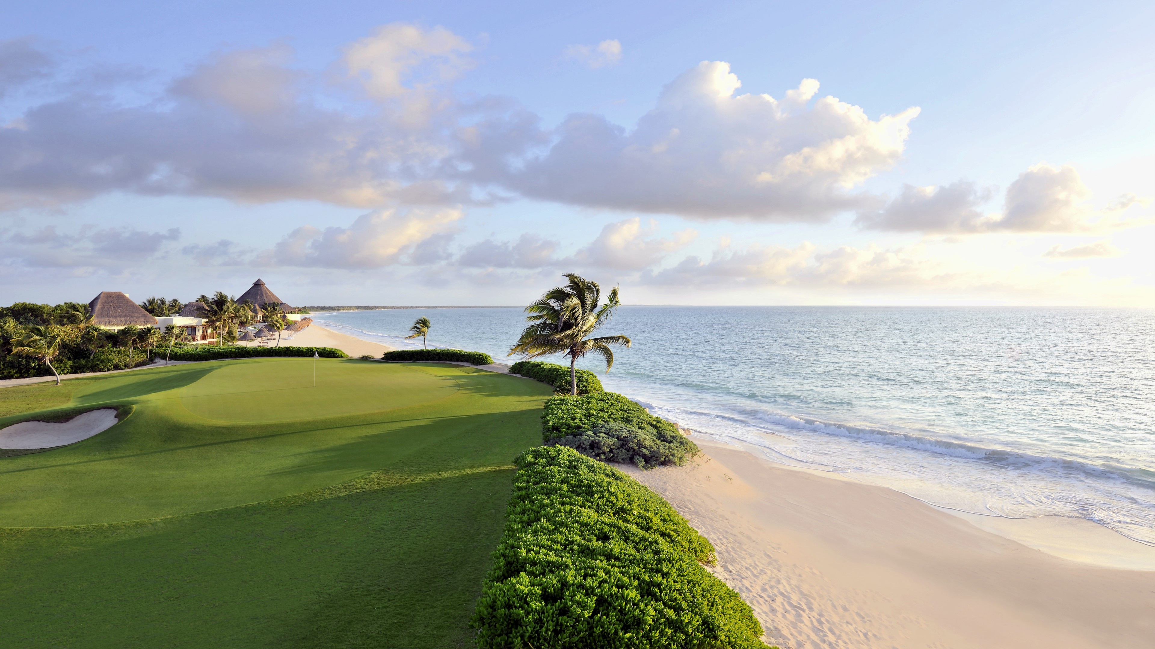 Golf Course: Sports, Landscape, Sea, Bay, Water, Nature, Shore, Sand, Grass, Field, Clouds, Beach, Coast, Palm trees, Windy, Ocean. 3840x2160 4K Wallpaper.