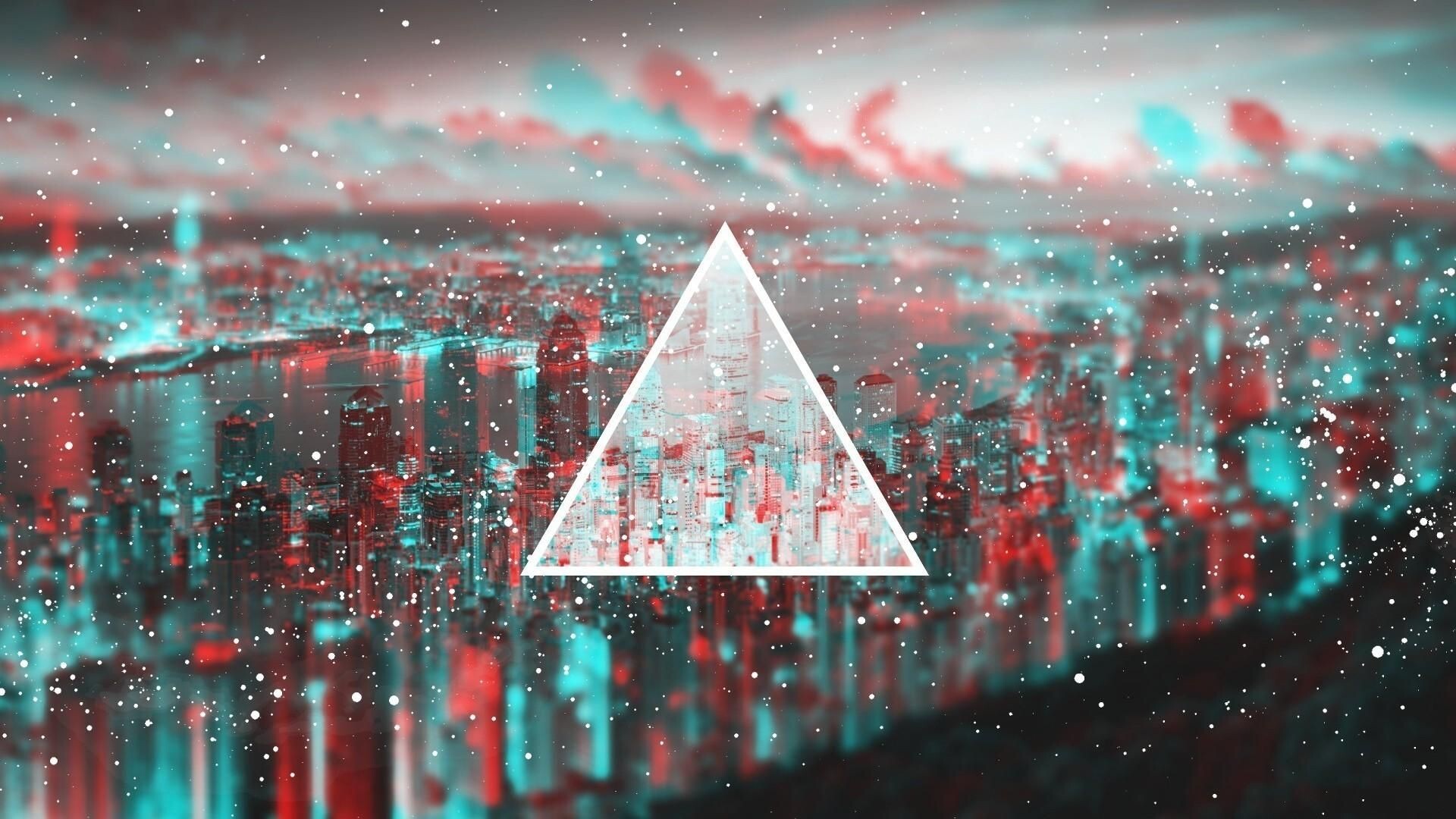 Glitch: Equilateral triangle, Cityscape, A sudden software malfunction, Inverted colors. 1920x1080 Full HD Wallpaper.