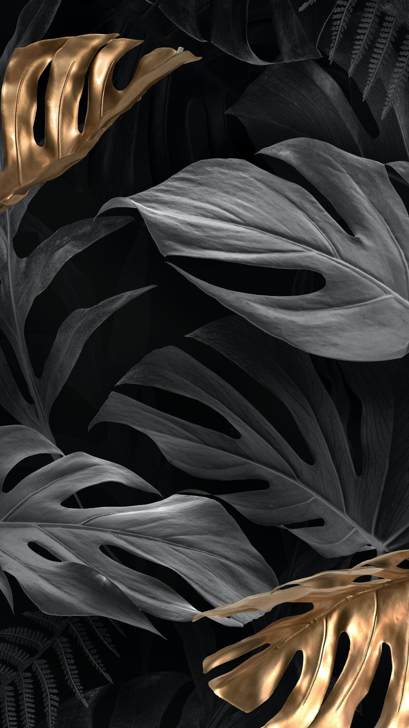 Gold Leaf: Black and gold aesthetic plants, Glittering metallic leaves, The member of the arum family. 1400x2490 HD Wallpaper.