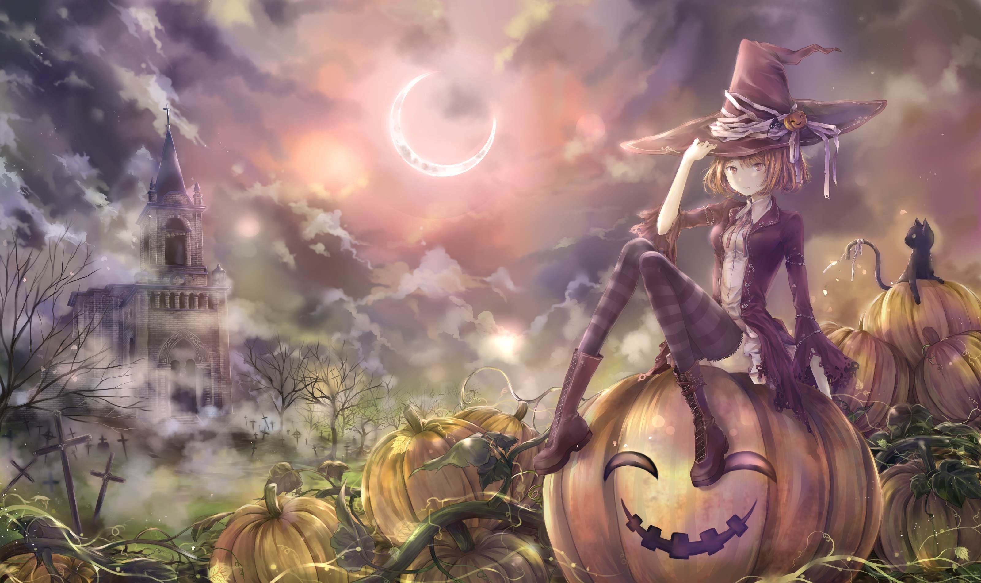 Anime witch art, Moonlit fantasy, Thigh-highs and pumpkins, Artistic and captivating, 3200x1900 HD Desktop