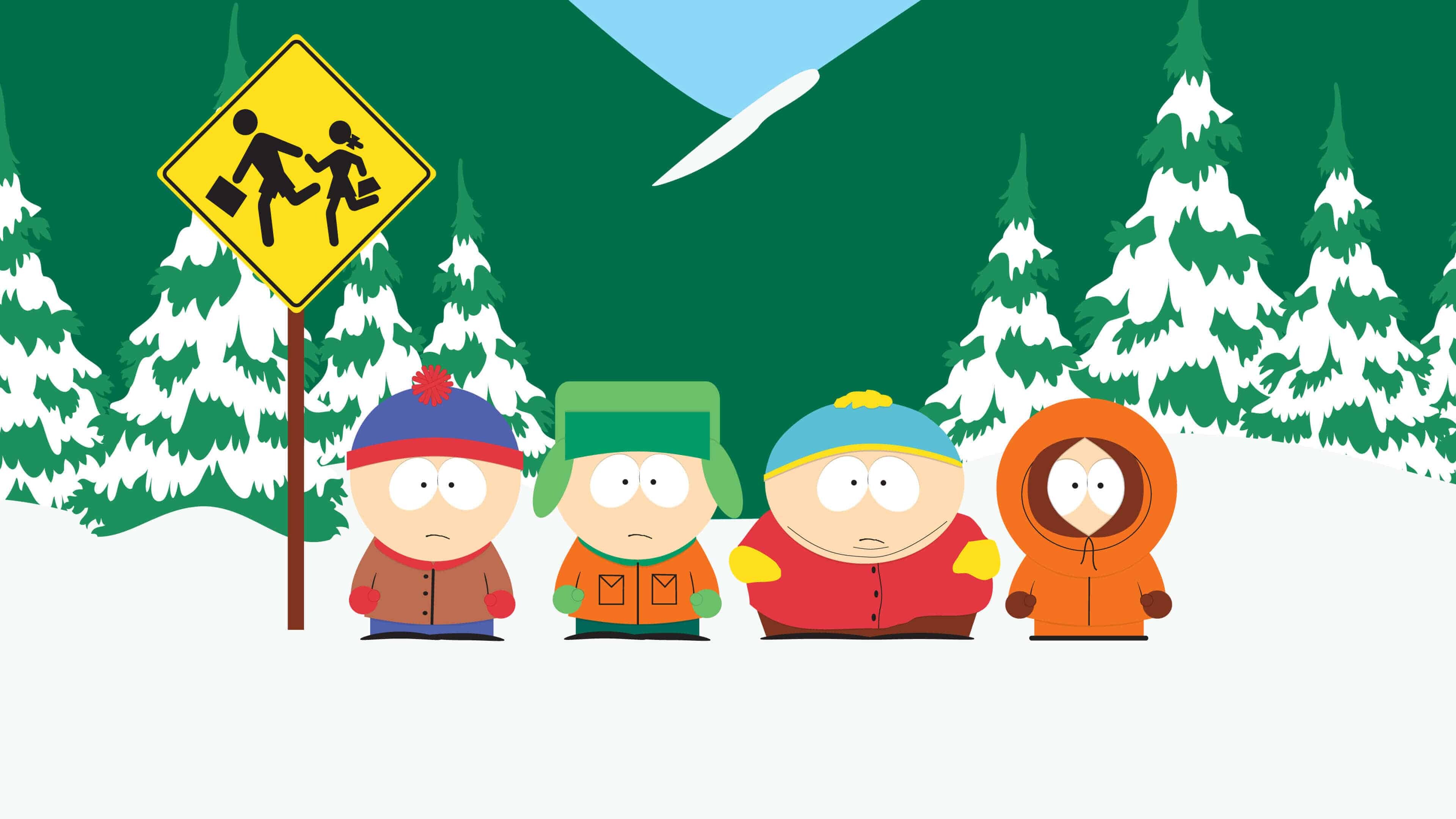 South Park: Stan, Kyle, Cartman, and Kenny at The Bus Stop. 3840x2160 4K Wallpaper.