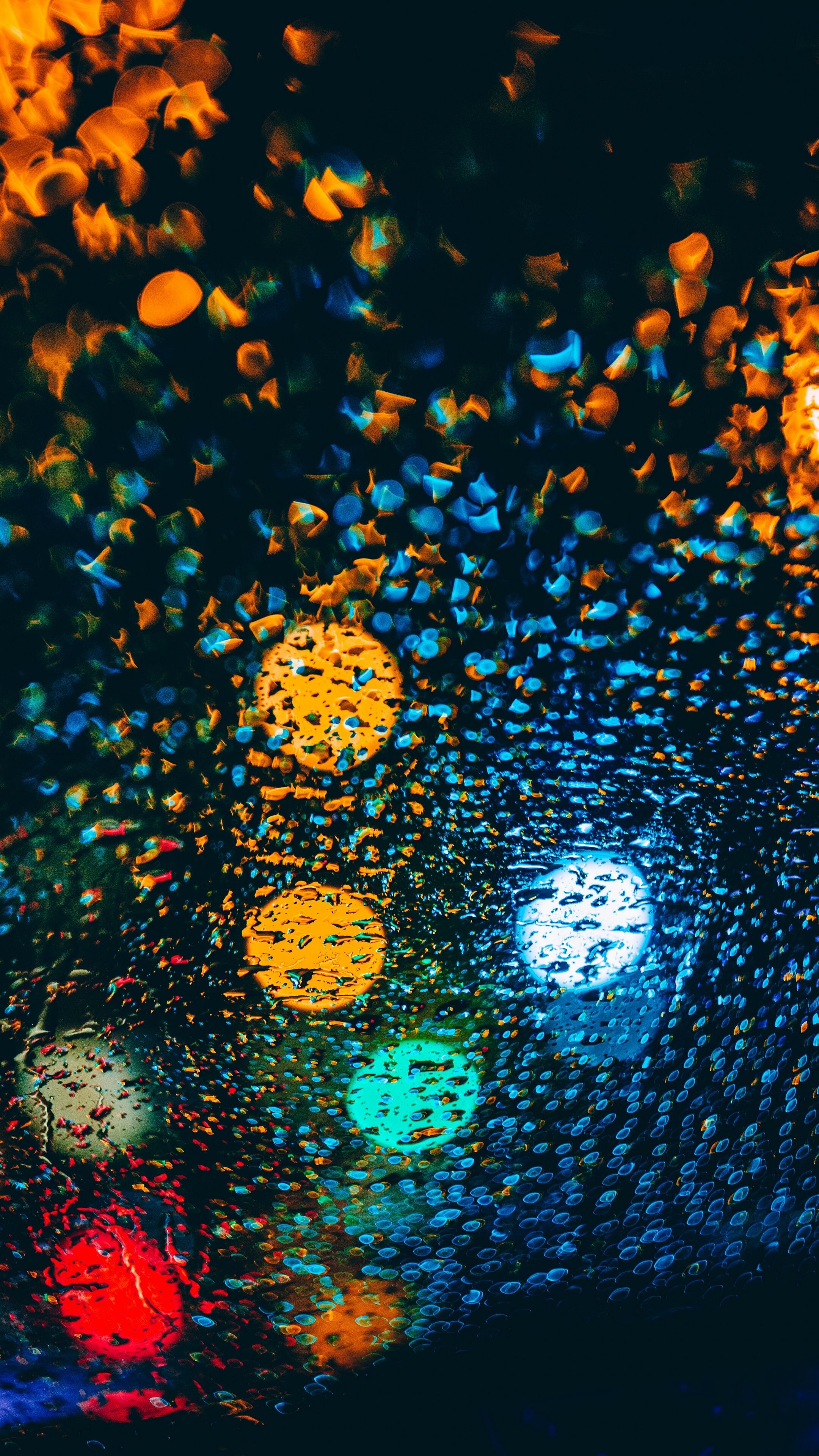 Glass: Multicolored rain drops on the window, A hard, brittle substance. 2160x3840 4K Wallpaper.