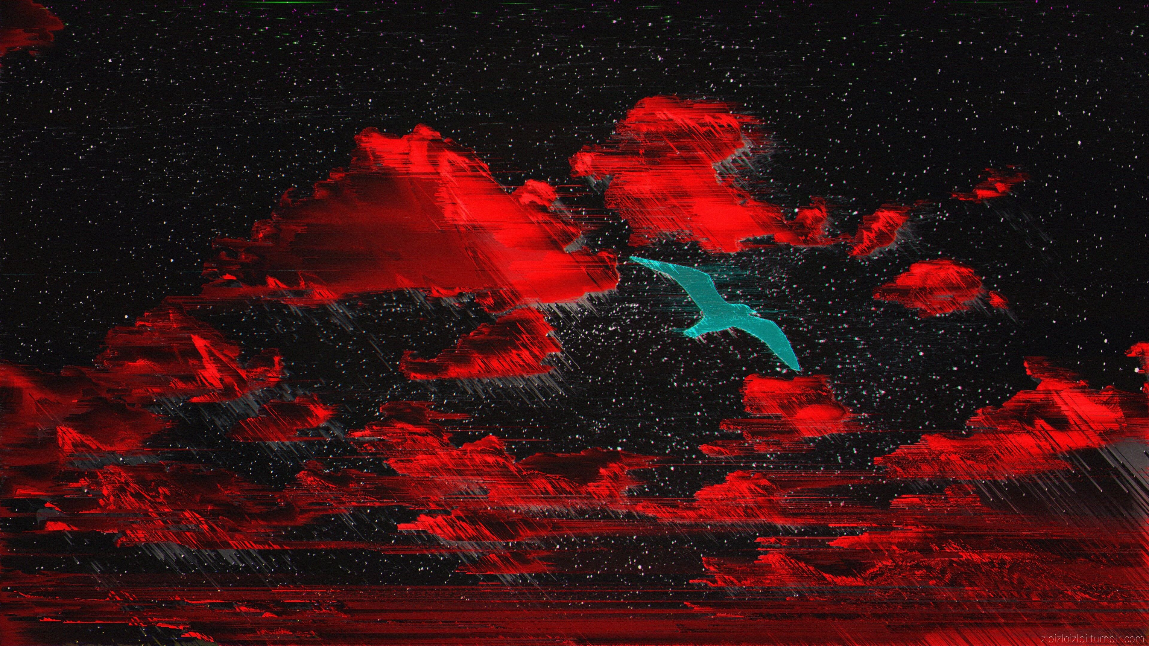 Glitch: Red abstract digital art, Blue bird, Red clouds, Two-dimensional space. 3840x2160 4K Wallpaper.