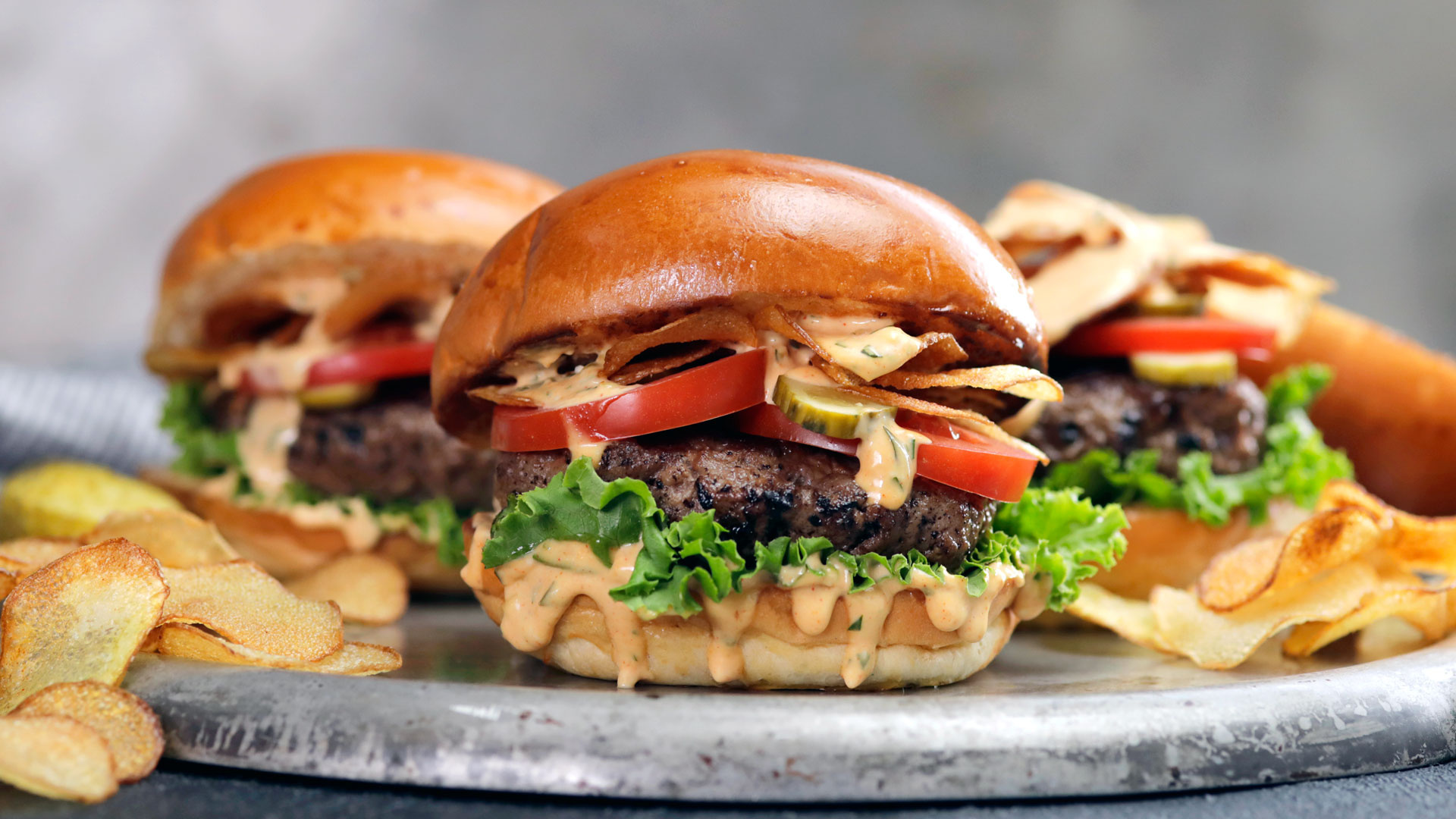 Hamburger: Lunch, Dinner, Meat, Food, Sandwich, Staple food. 1920x1080 Full HD Background.