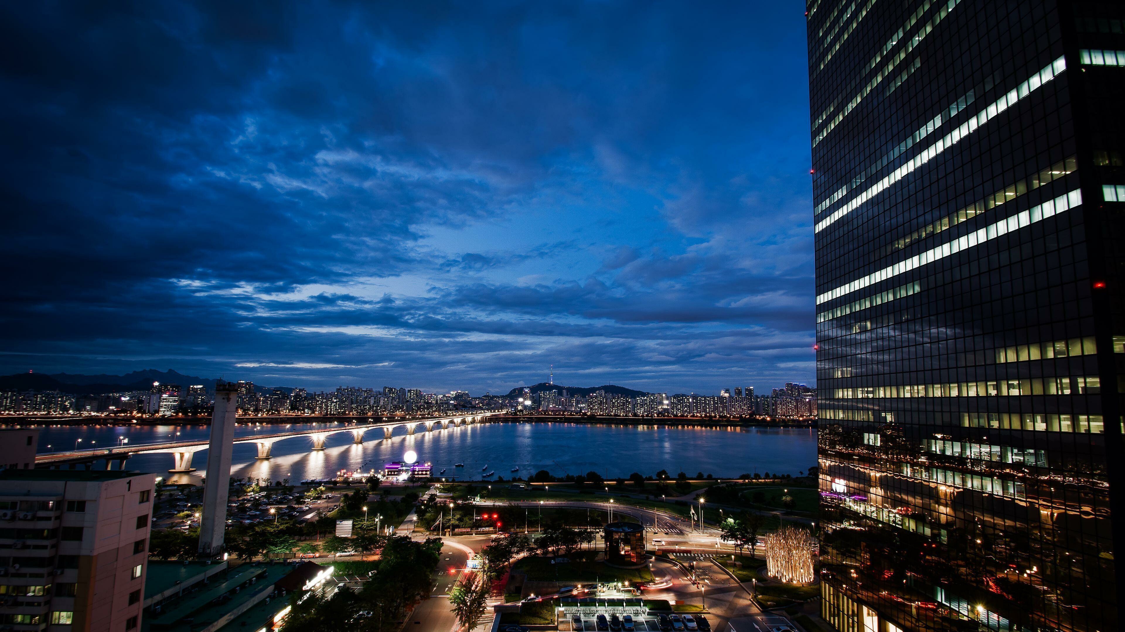 Korea: Seoul, Buildings, Waterfront, Night city lights. 3840x2160 4K Wallpaper.