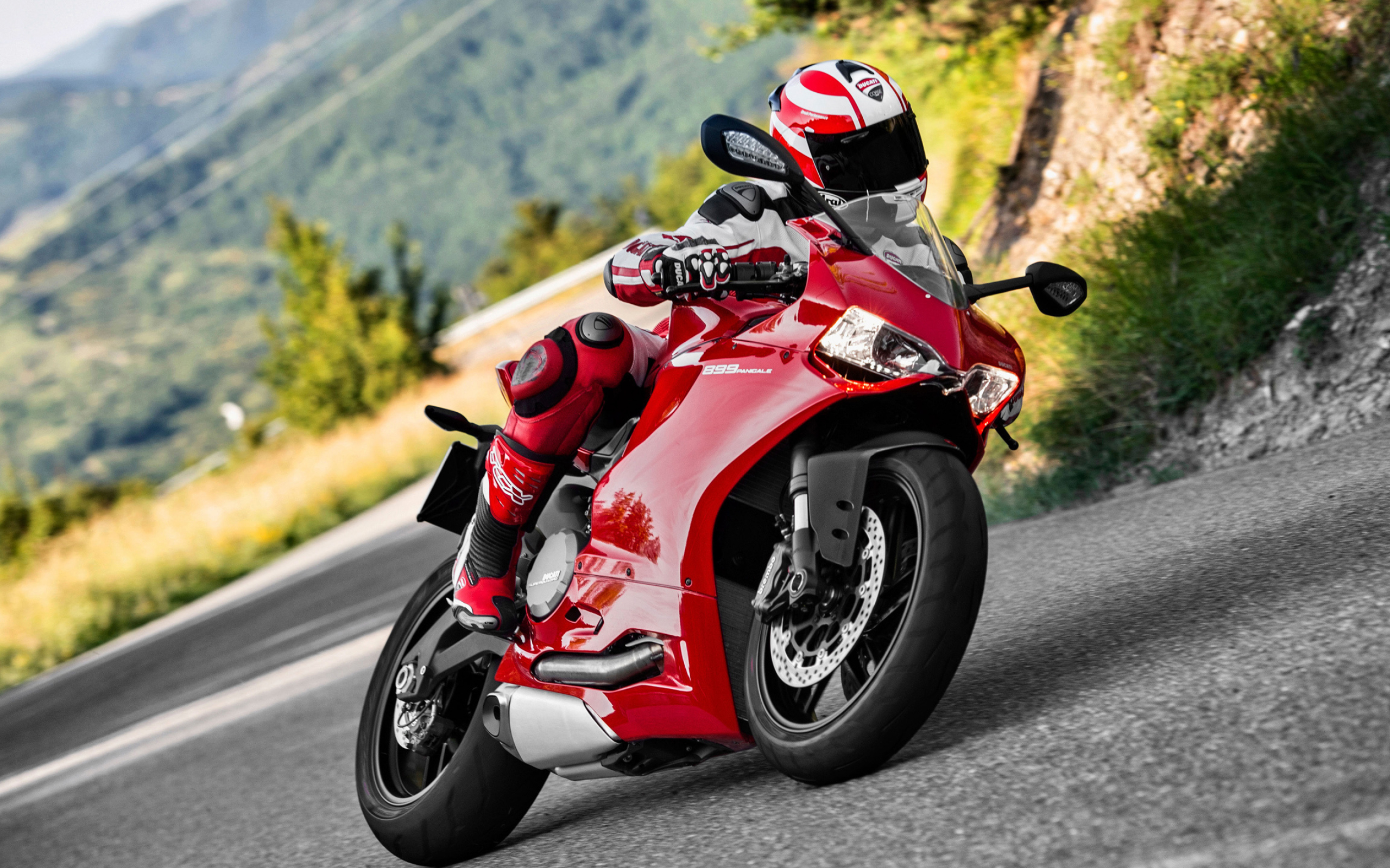 Superbike: Red Ducati 899 Panigale, A professional moto racer, Red protective outfit. 2560x1600 HD Wallpaper.