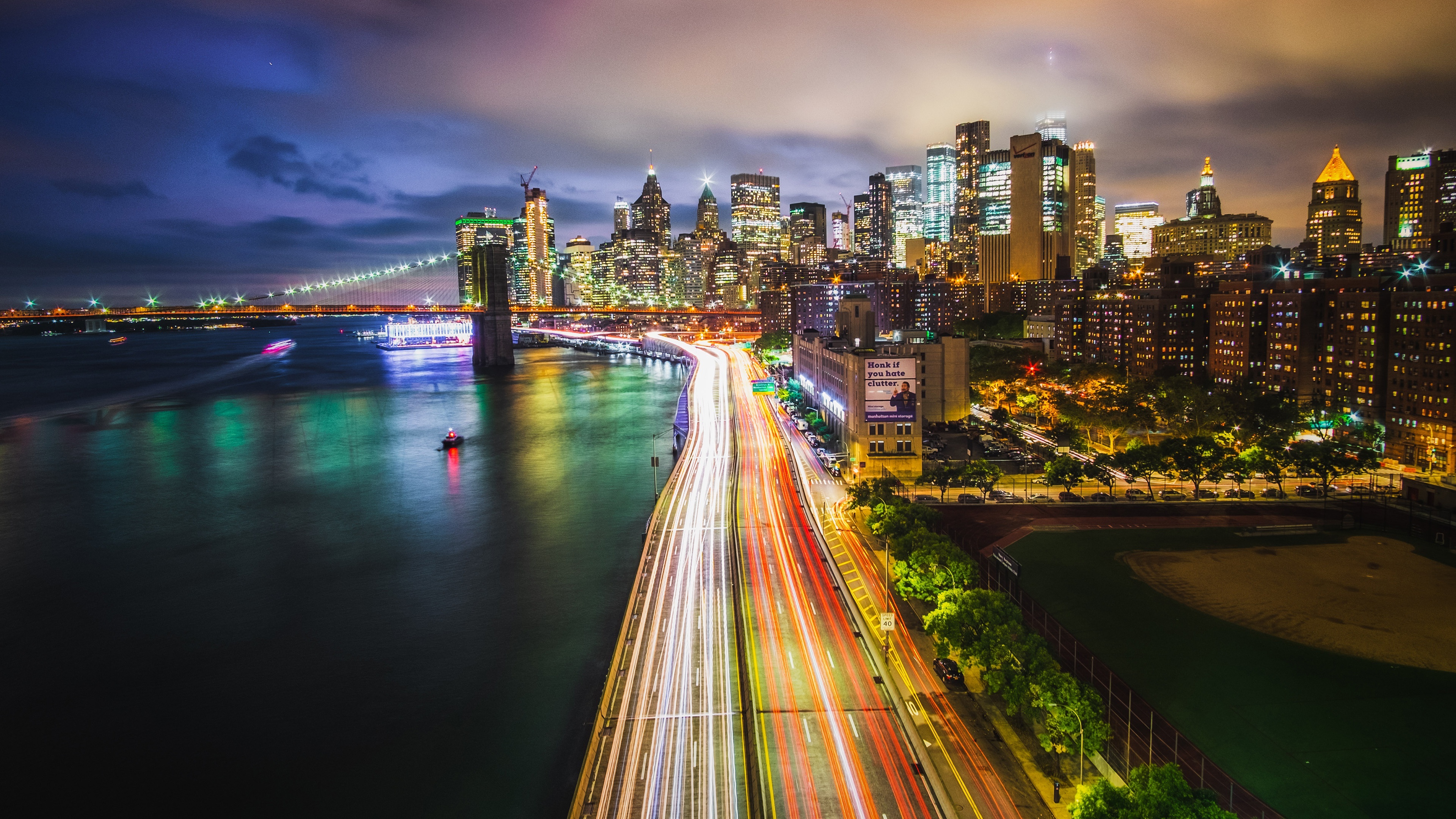 Manhattan Skyline, Brooklyn bridge, 4K wallpapers, Nighttime beauty, 3840x2160 4K Desktop