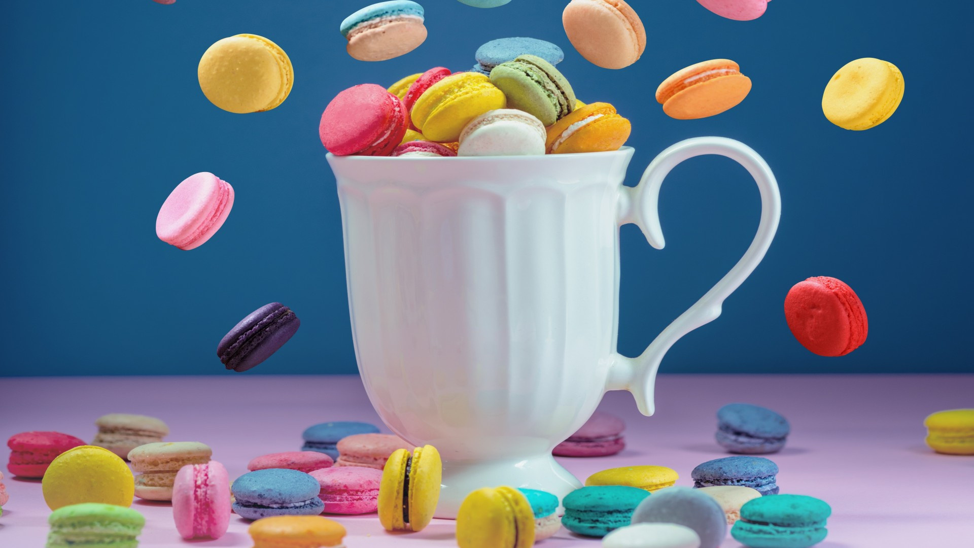 Macaron: A type of cookie that has become popular worldwide, Cup, Pastry, Sweets. 1920x1080 Full HD Background.