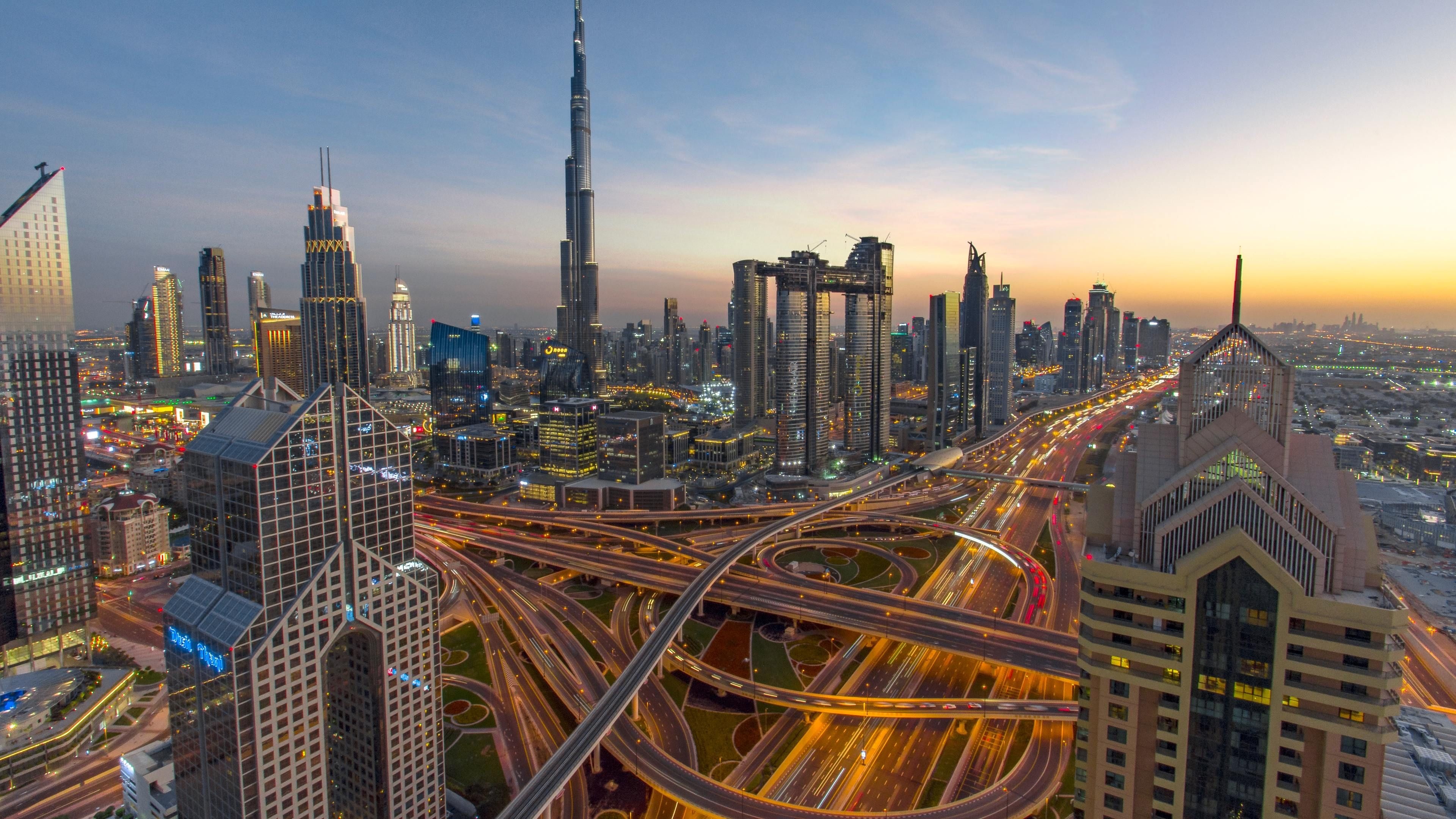 Dubai: Sheikh Zayed Road, Skyscrapers, Urban design. 3840x2160 4K Background.