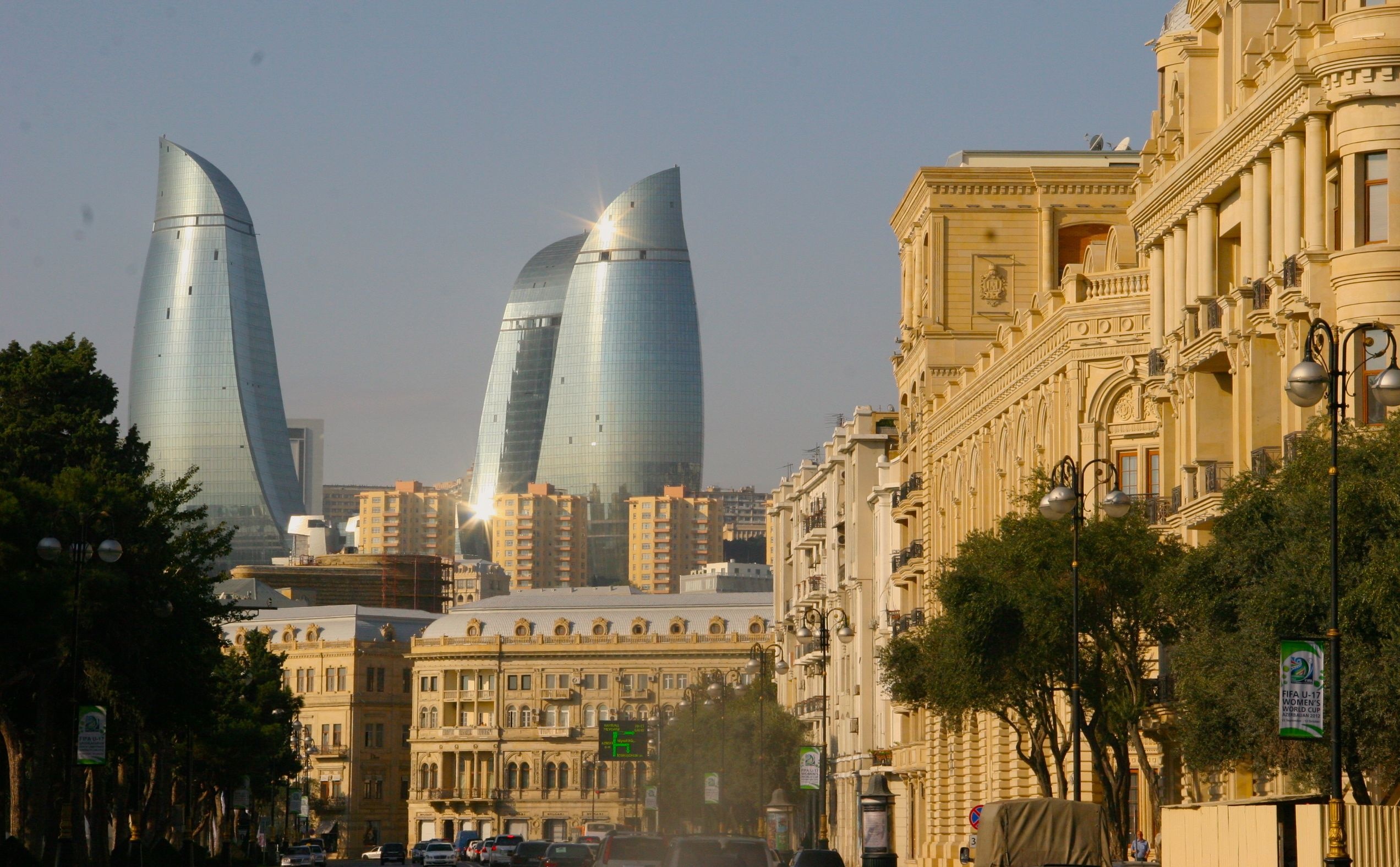 Azerbaijan: The three flame-shaped towers, Intended to symbolize the elements of fire, The Azerbaijani capital. 2550x1580 HD Background.