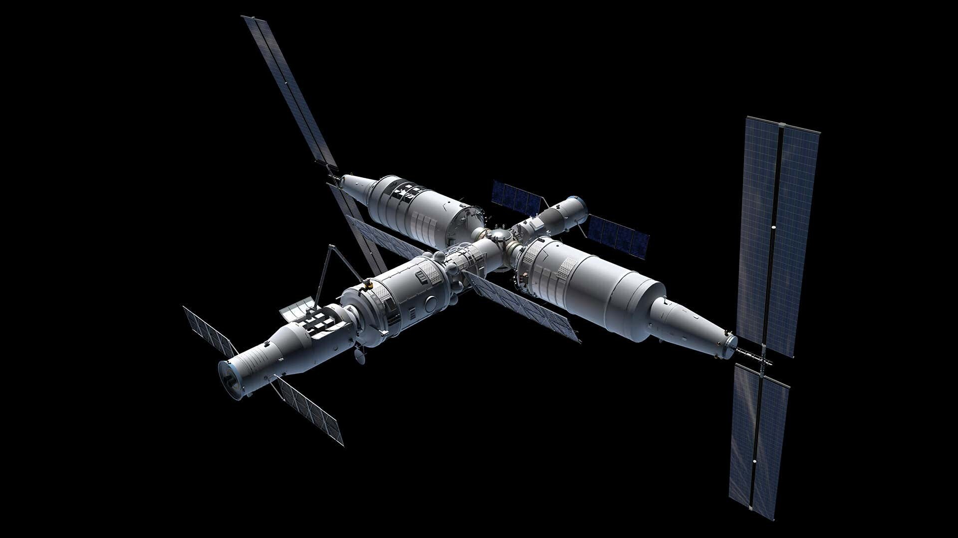 Tiangong Space Station: Consist of Tianhe, Wentian, and Mengtian modules, Astronomy. 1920x1080 Full HD Background.