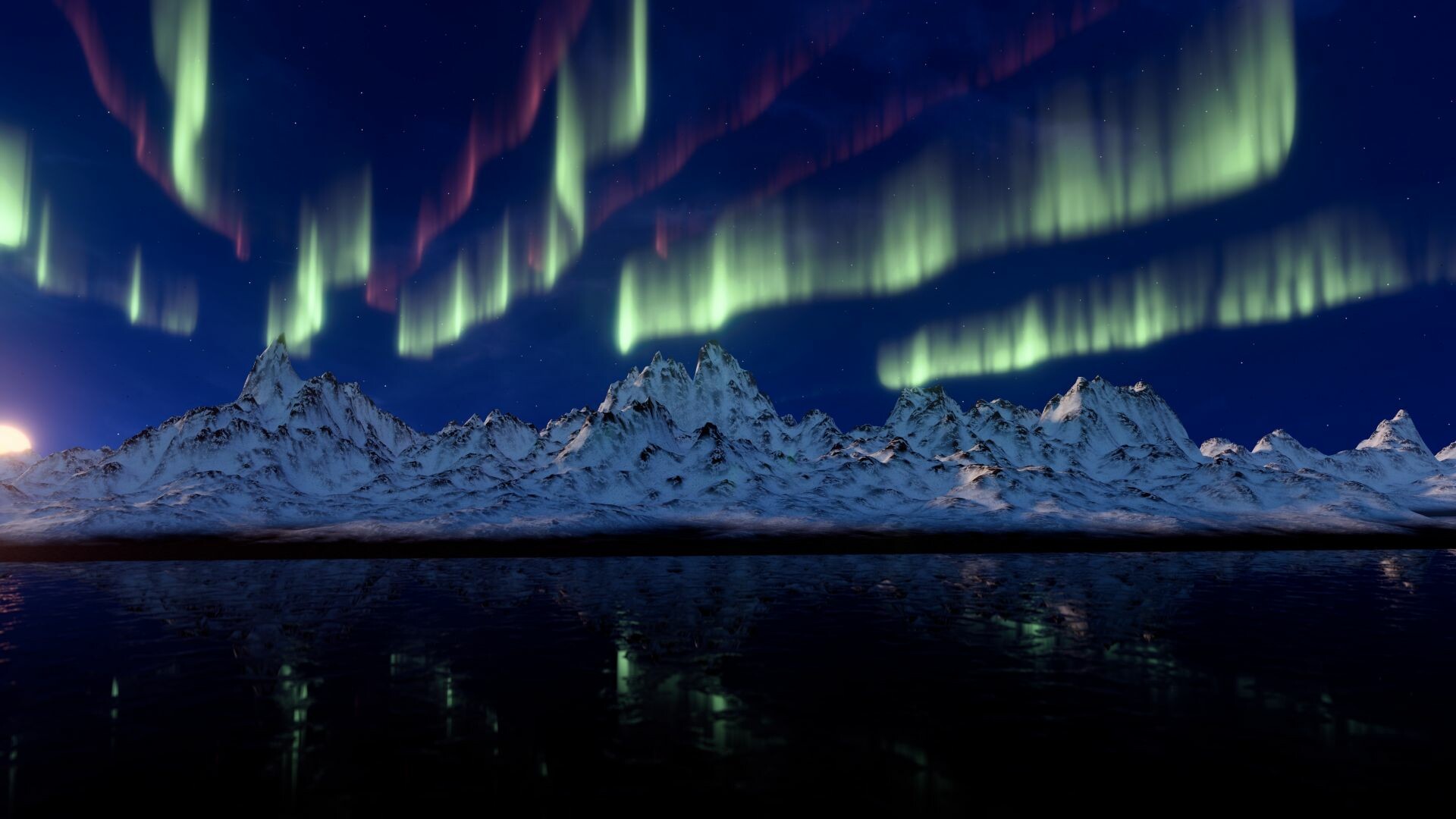 Aurora Borealis: The shimmering display of lights that sometimes appears in Earth's Northern Hemisphere, Mountains. 1920x1080 Full HD Background.