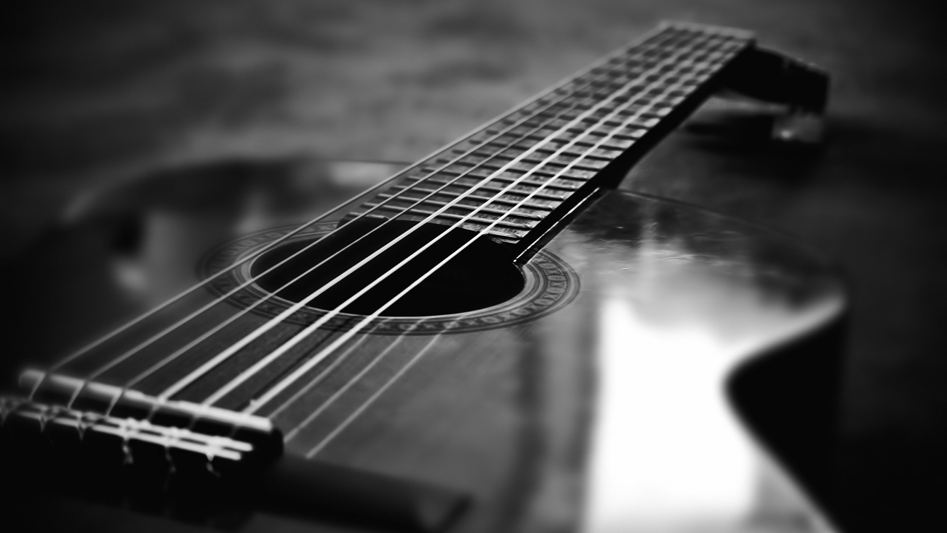 Guitar: Black and white, A musical instrument having a flat back and usually six strings. 1920x1080 Full HD Wallpaper.