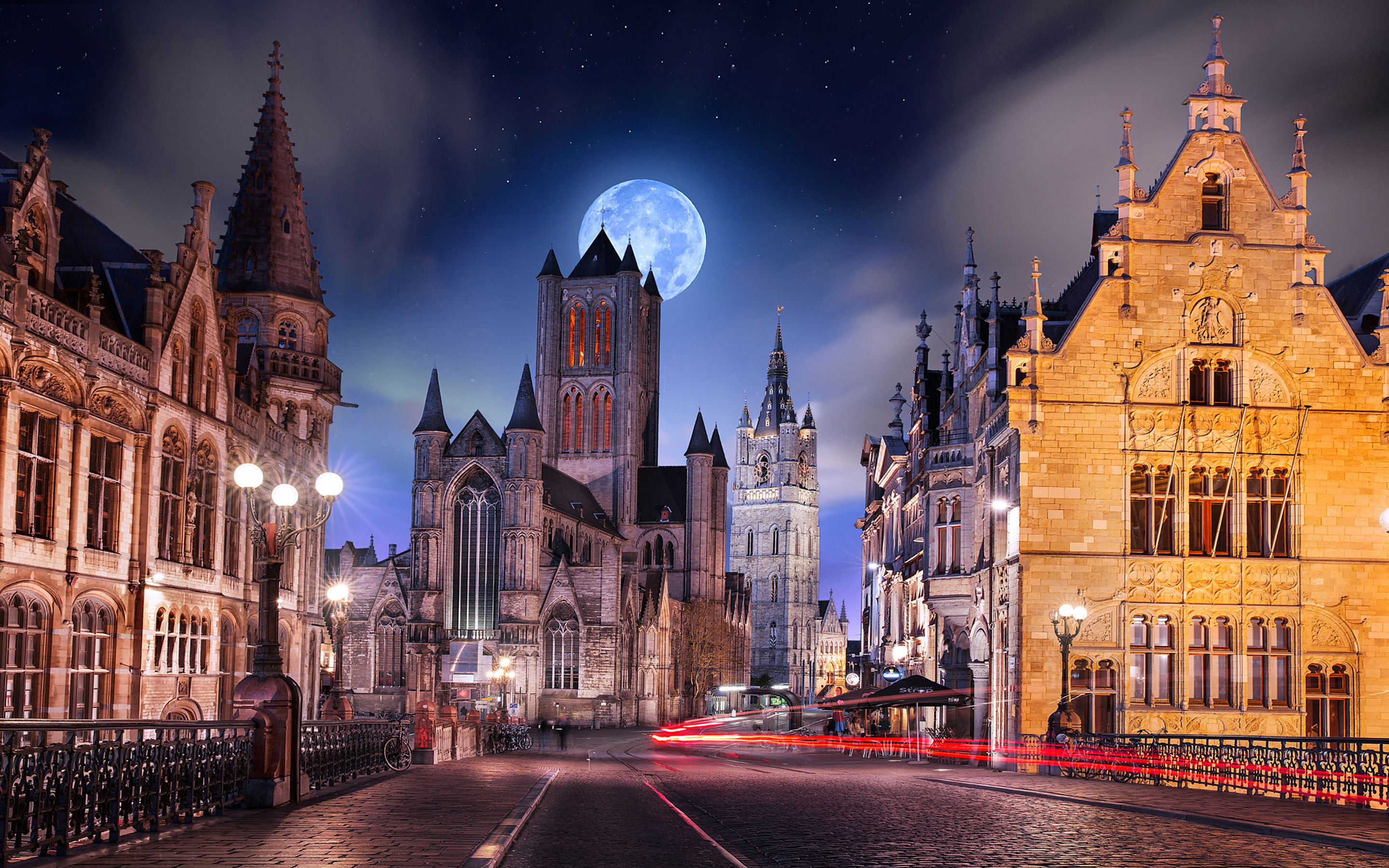 Ghent city night, Flanders Belgium, Full moon, 2880x1800 HD Desktop