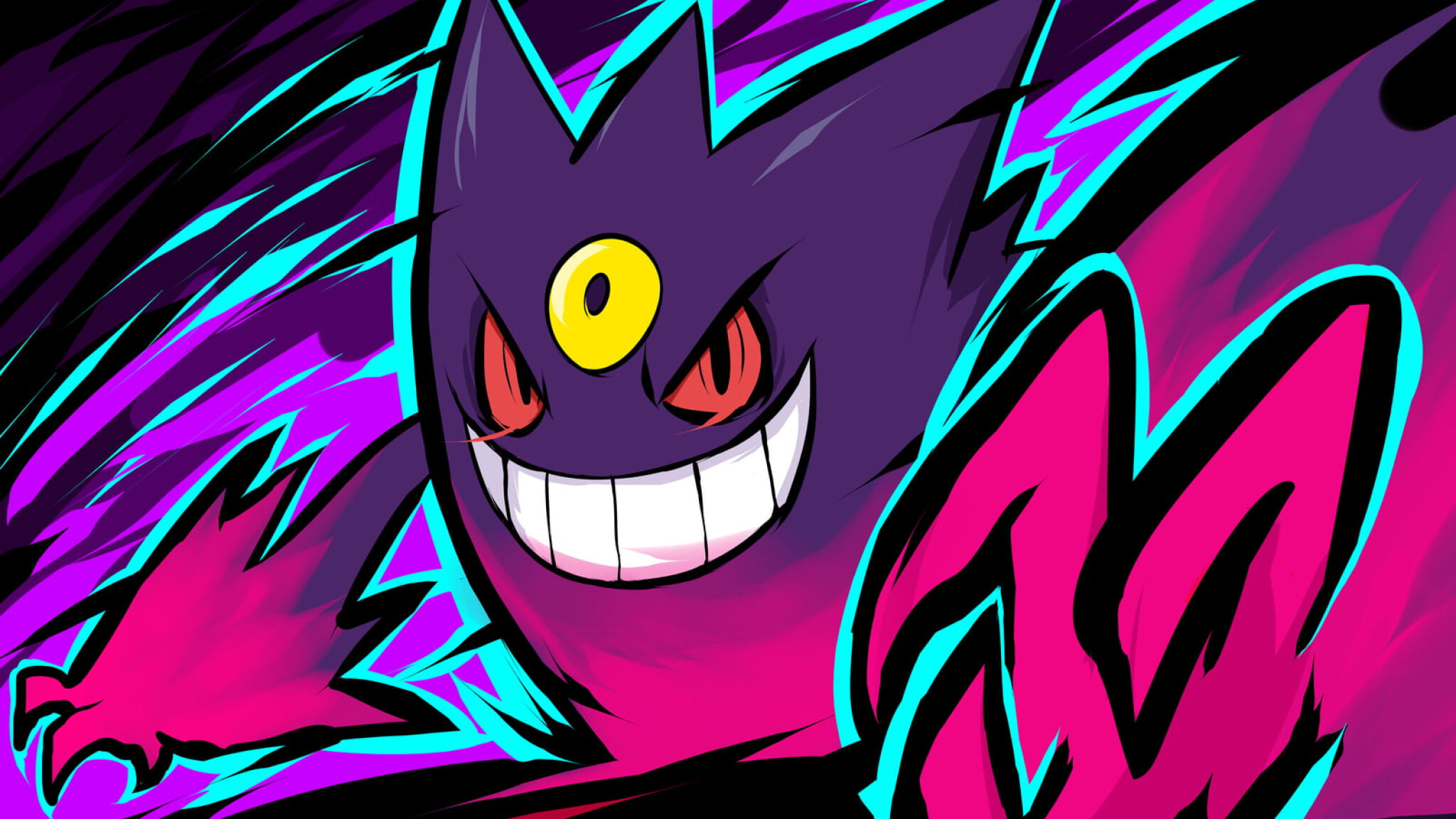 Gengar: Mega Gengar,  A vicious nature, Sinking into another dimension to wait for a chance to attack. 2050x1160 HD Background.