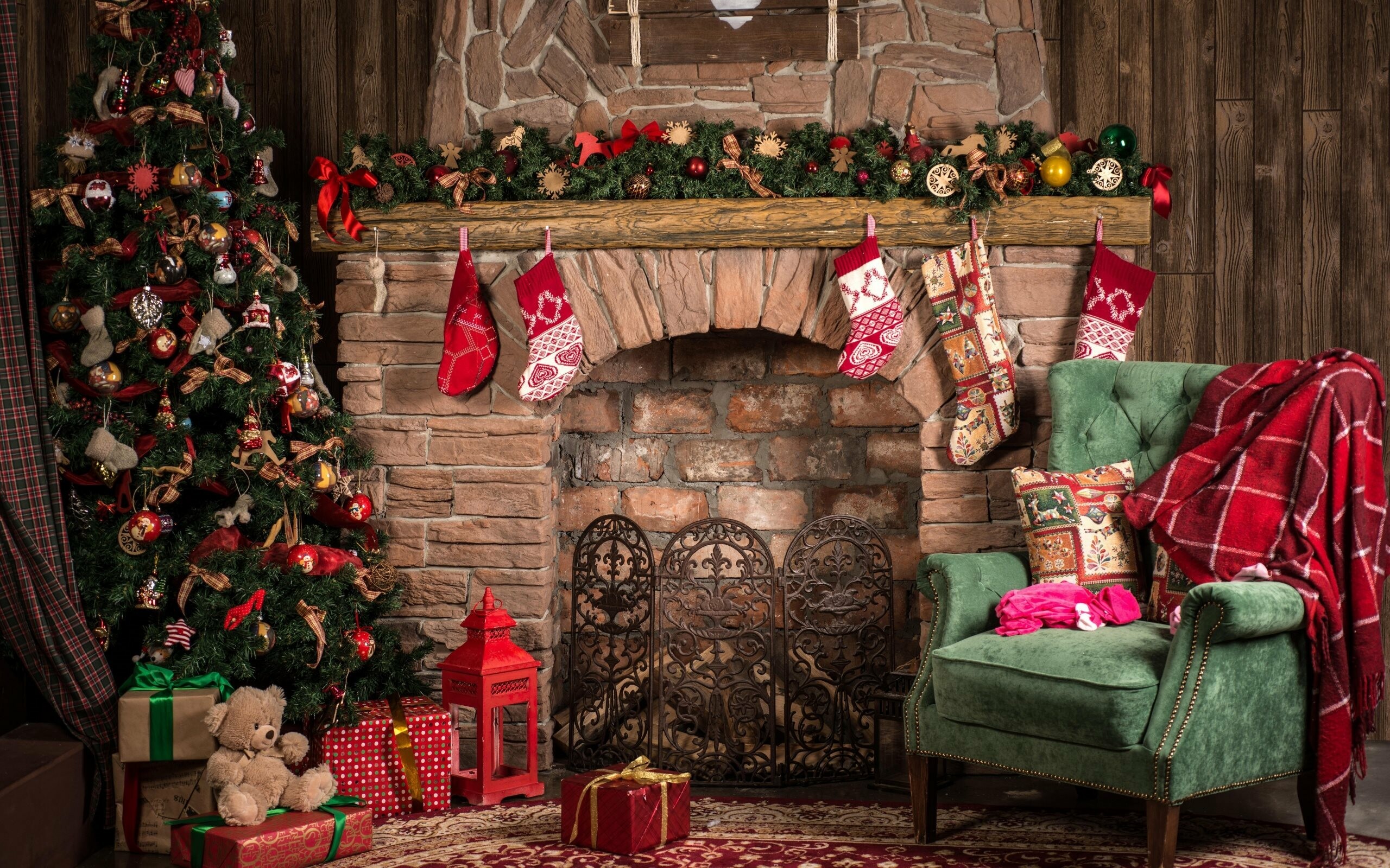 Christmas Fireplace: Hearth, Interior, New Year decorations, Wood. 2560x1600 HD Background.