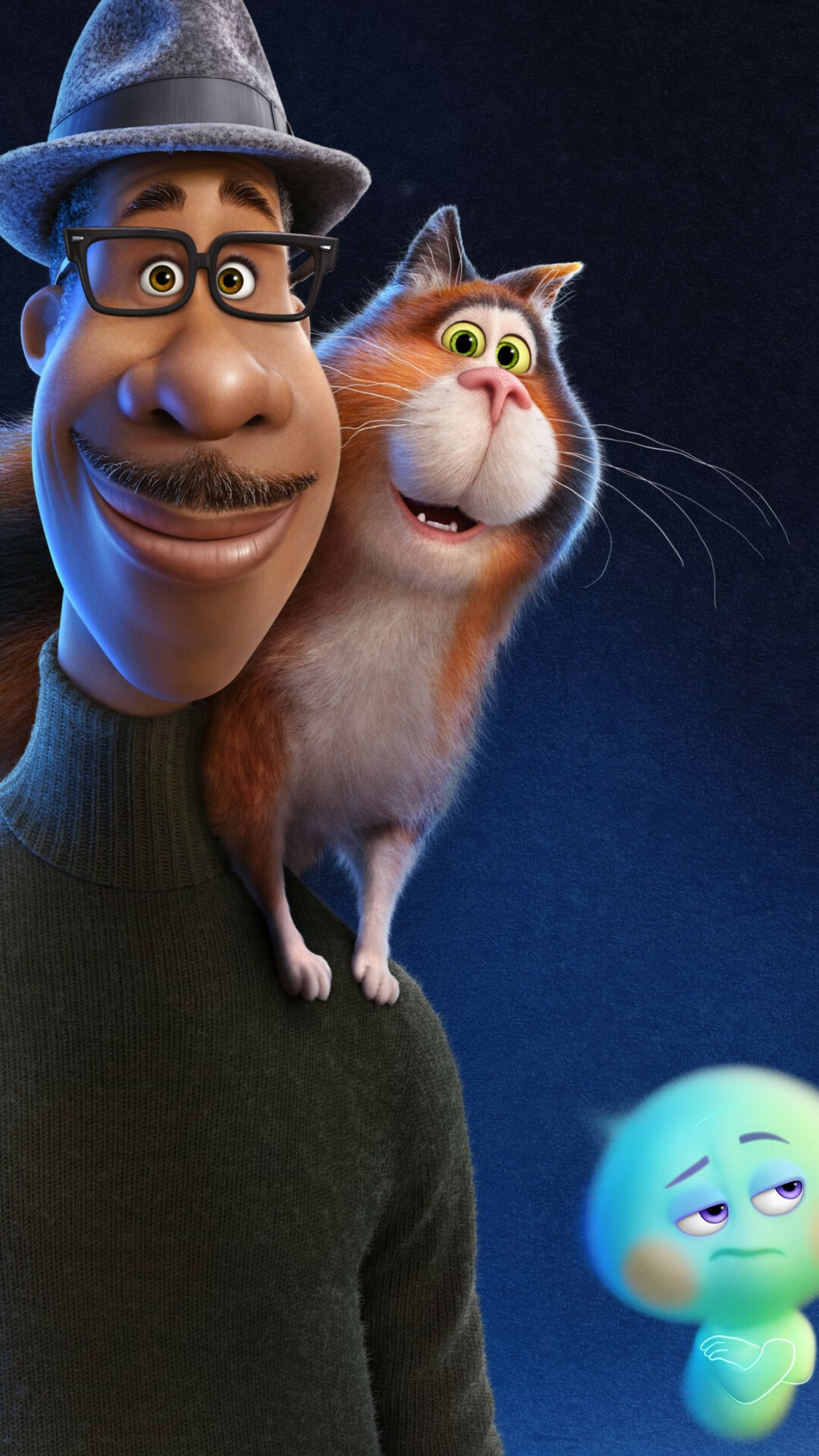 Soul (Pixar): Joe Gardner, Mr. Mittens, and 22, Pixar's first movie to be released on Christmas. 1080x1920 Full HD Background.