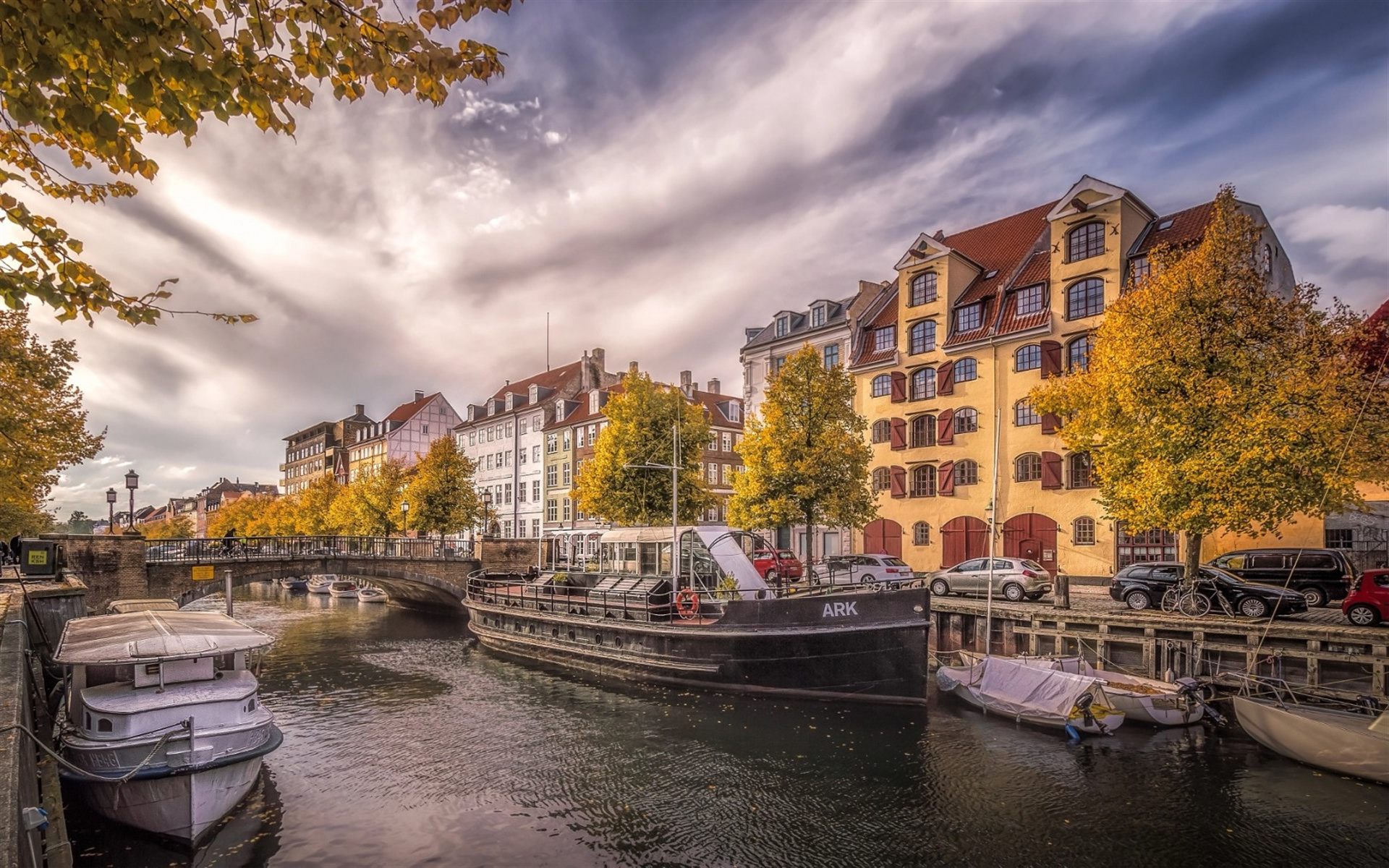Copenhagen houses, Danish architecture, Autumn charm, Canal scenery, 1920x1200 HD Desktop