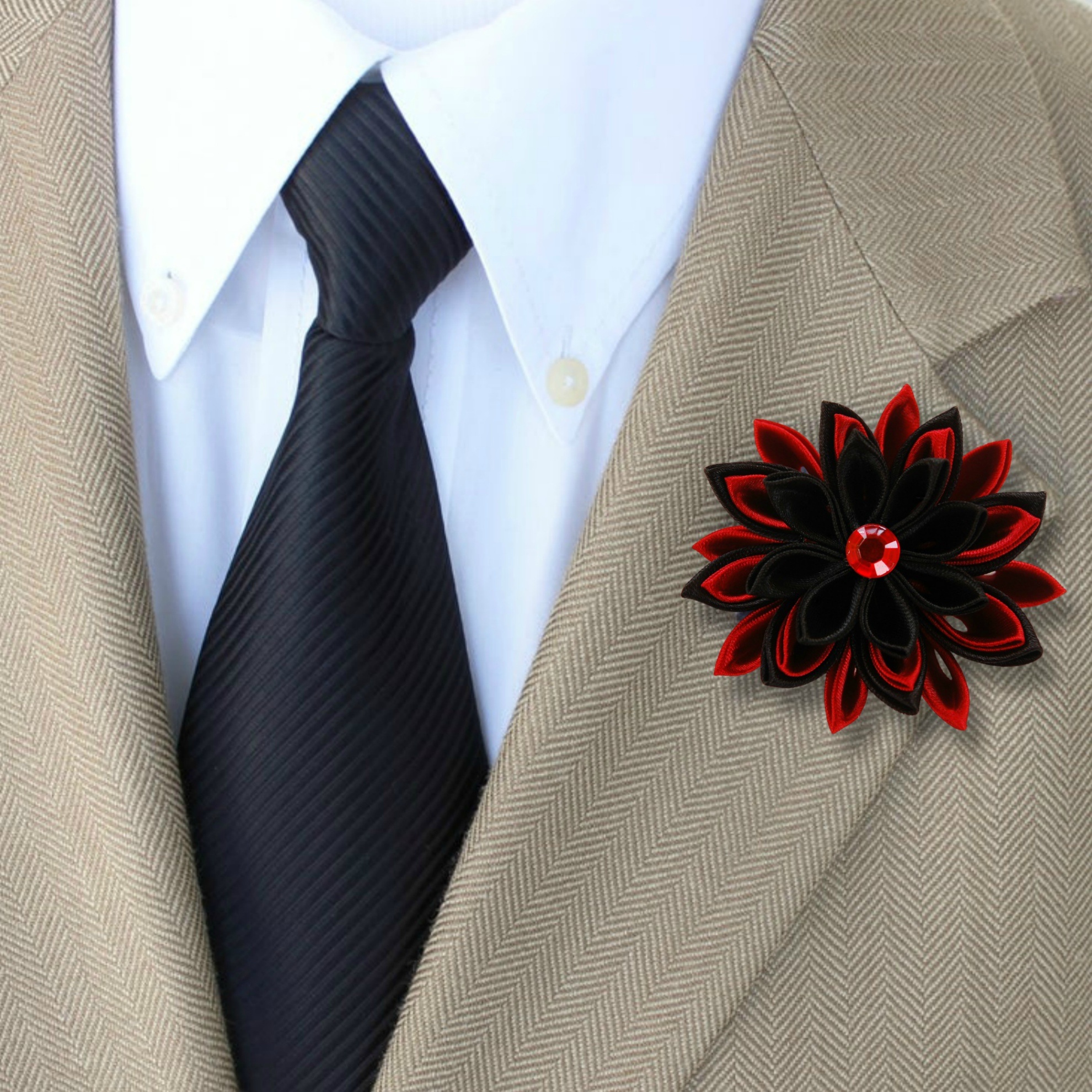 Black and red lapel pin, Kanzashi flower brooch, Handmade boutonniere, Wedding accessory, 1980x1980 HD Phone