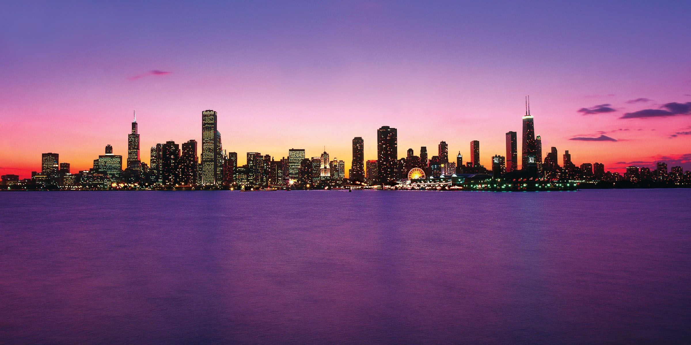 Chicago Skyline, Travels, Purple wallpapers, 2400x1200 Dual Screen Desktop